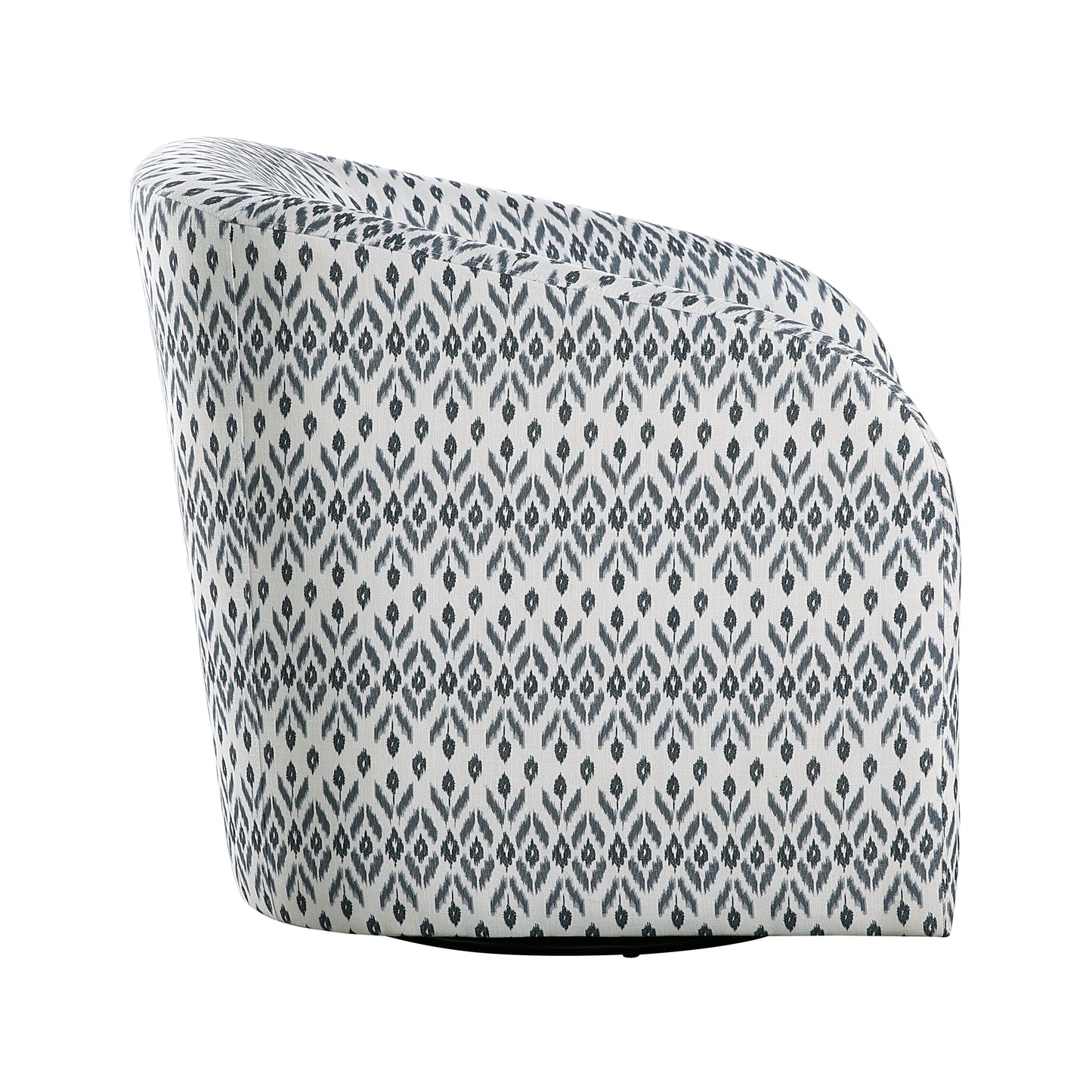 Gray and white ikat pattern accent chair with rounded back