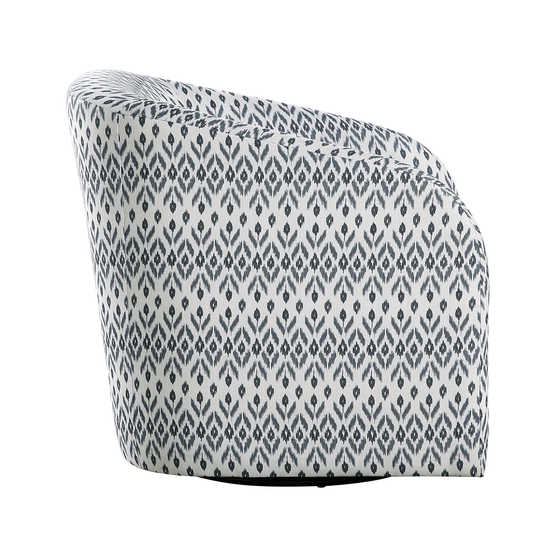 Gray and white ikat pattern accent chair with rounded back