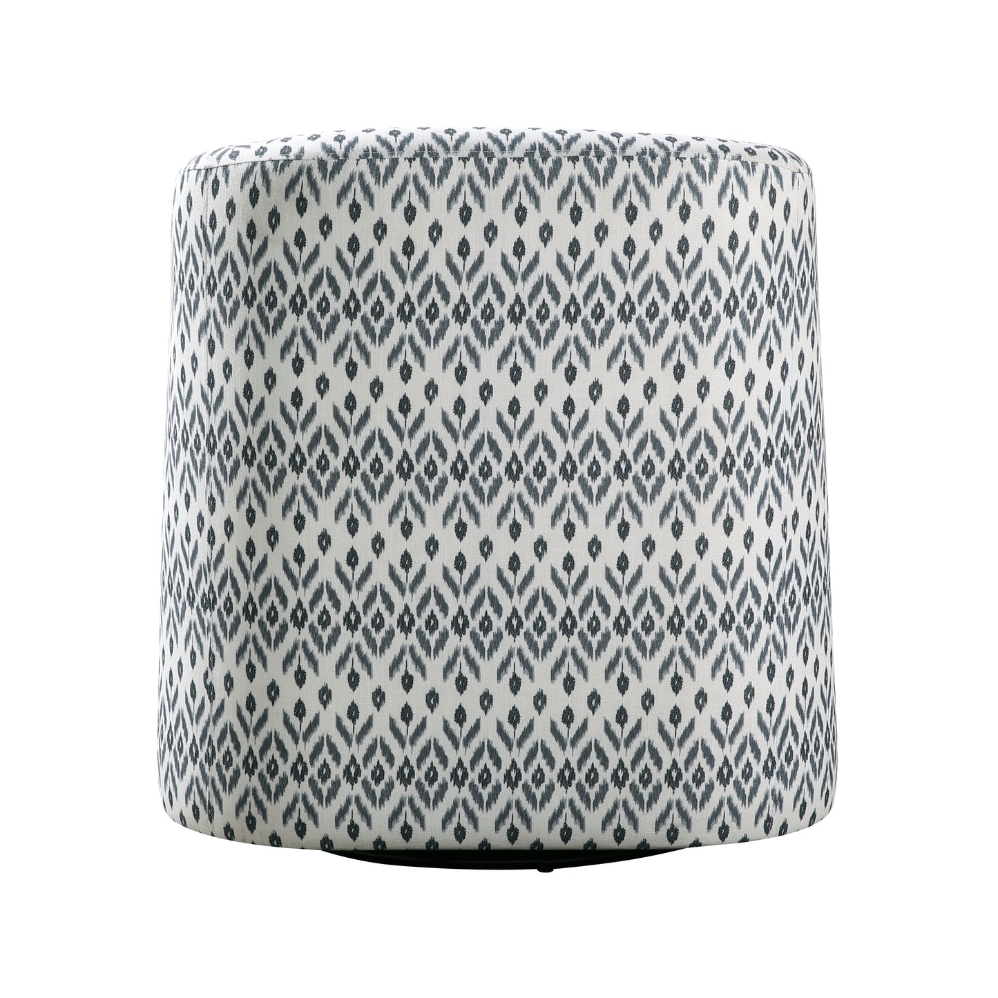 Round upholstered ottoman with a grey and white ikat pattern