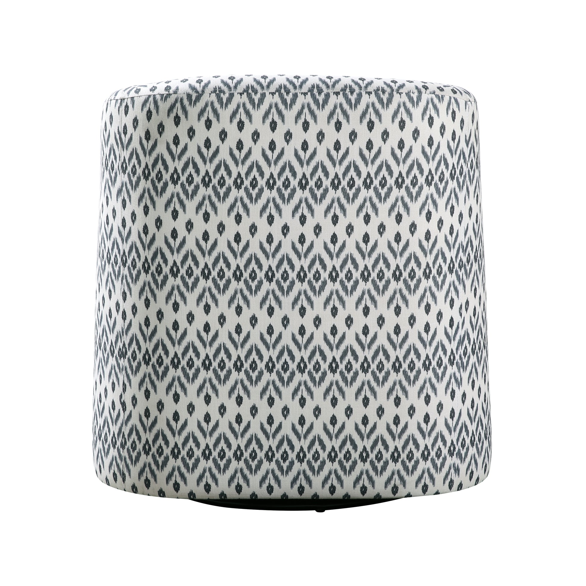 Round upholstered ottoman with a grey and white ikat pattern