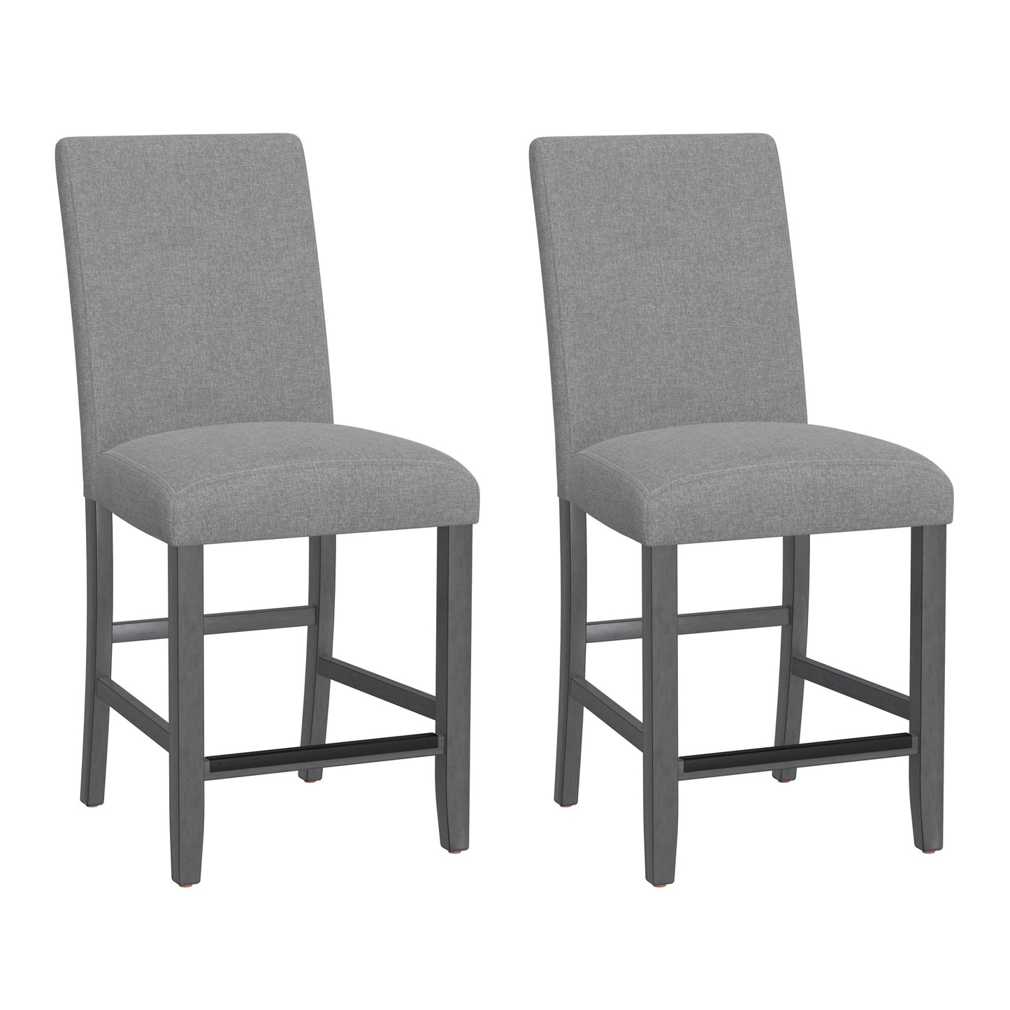 Two gray upholstered bar stools with wooden legs perfect for a kitchen island