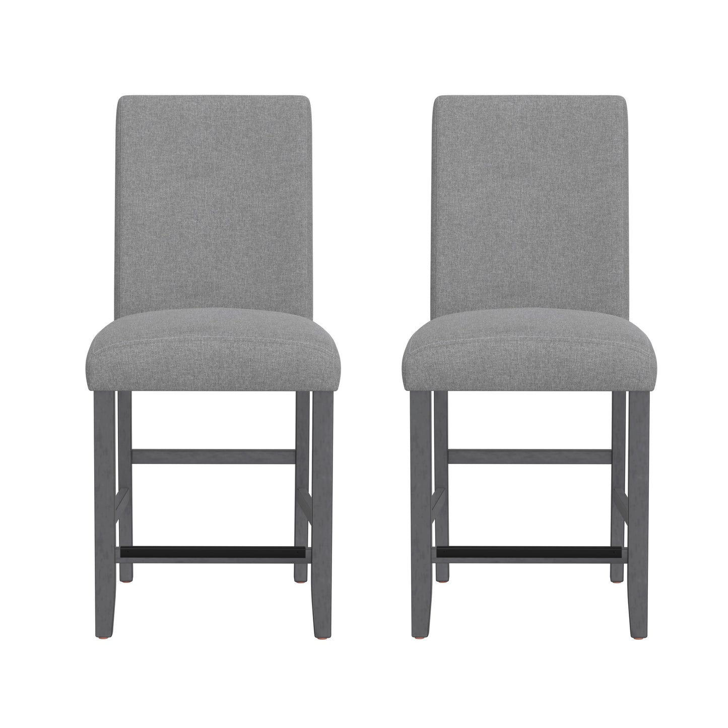 Pair of grey upholstered counter height bar stools with dark wood legs