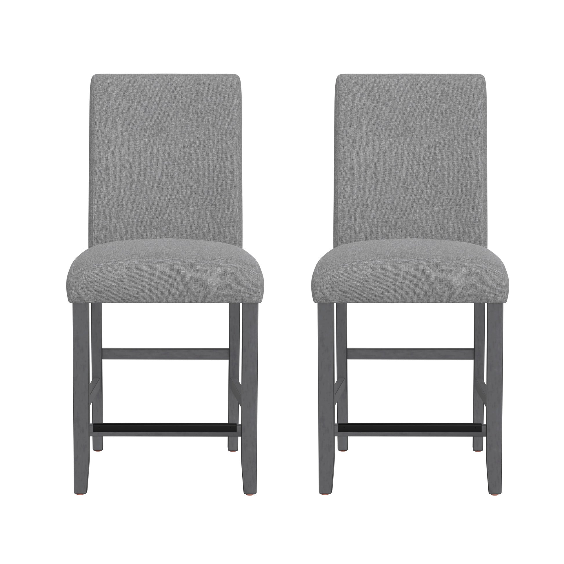 Pair of grey upholstered counter height bar stools with dark wood legs