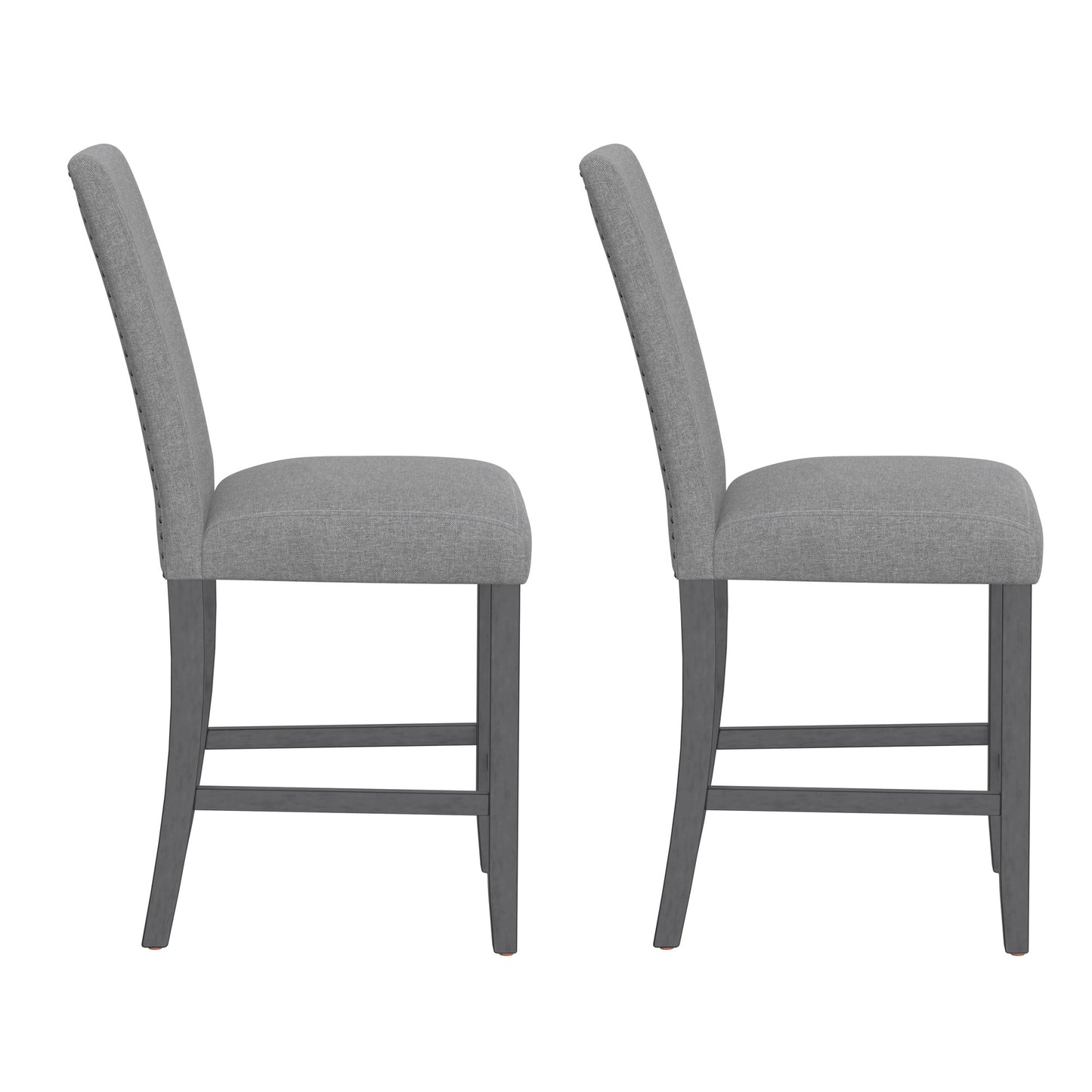 Two grey fabric dining chairs with dark wood legs shown from the side
