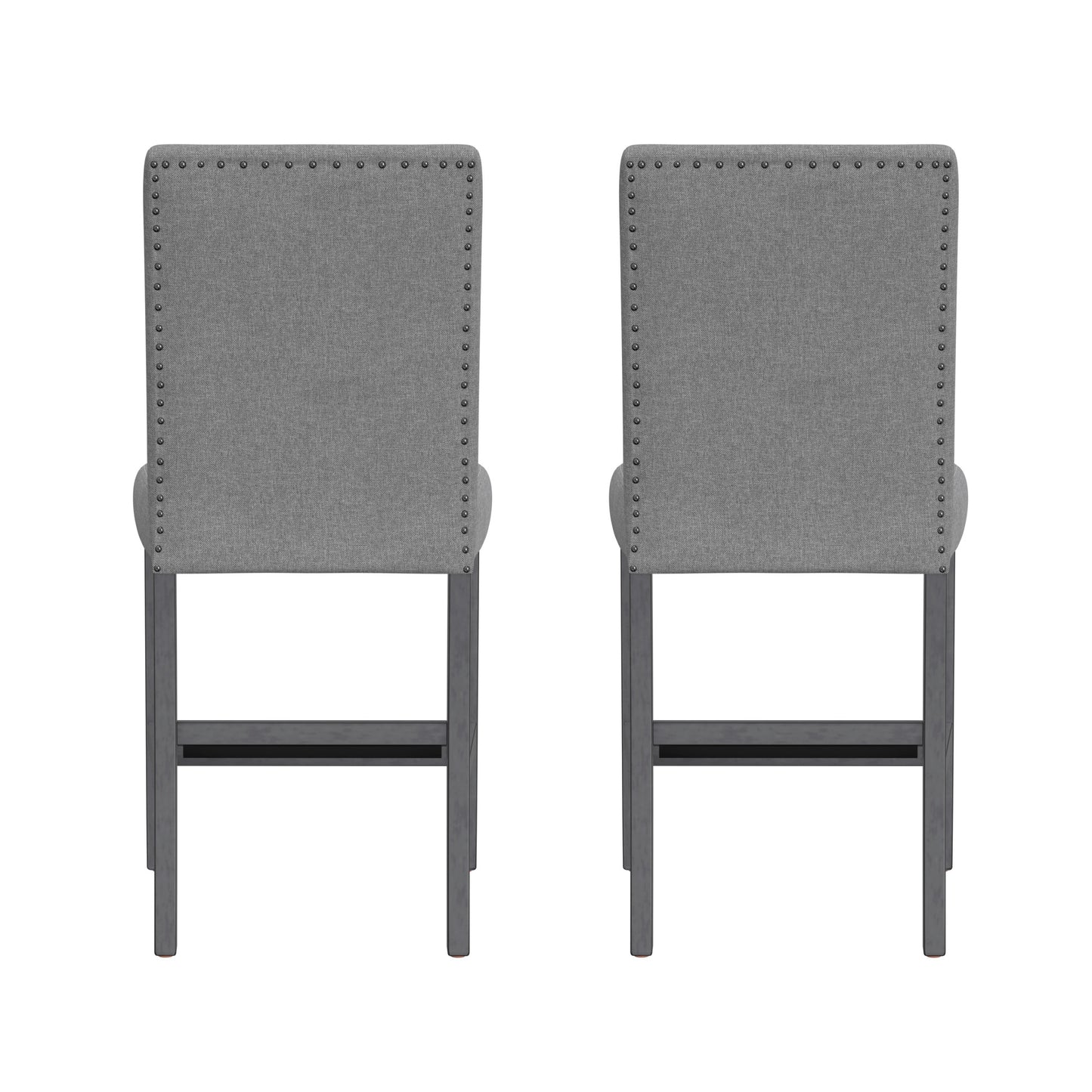 Two gray fabric bar stools with nailhead trim and dark wooden legs