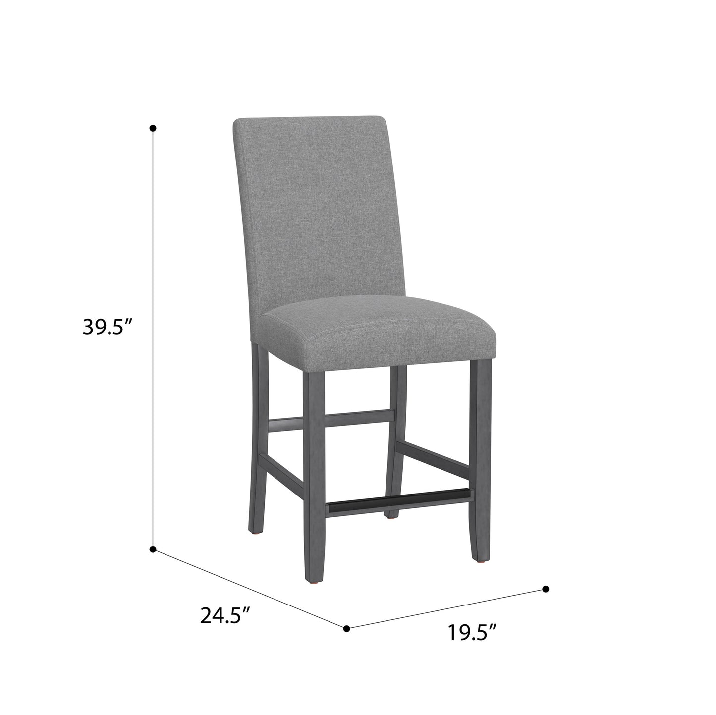 Grey upholstered counter stool with dark grey wooden legs  height