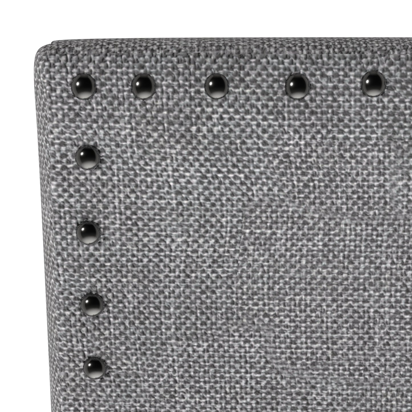 Close up of a grey textured fabric chair with silver nailhead trim detail