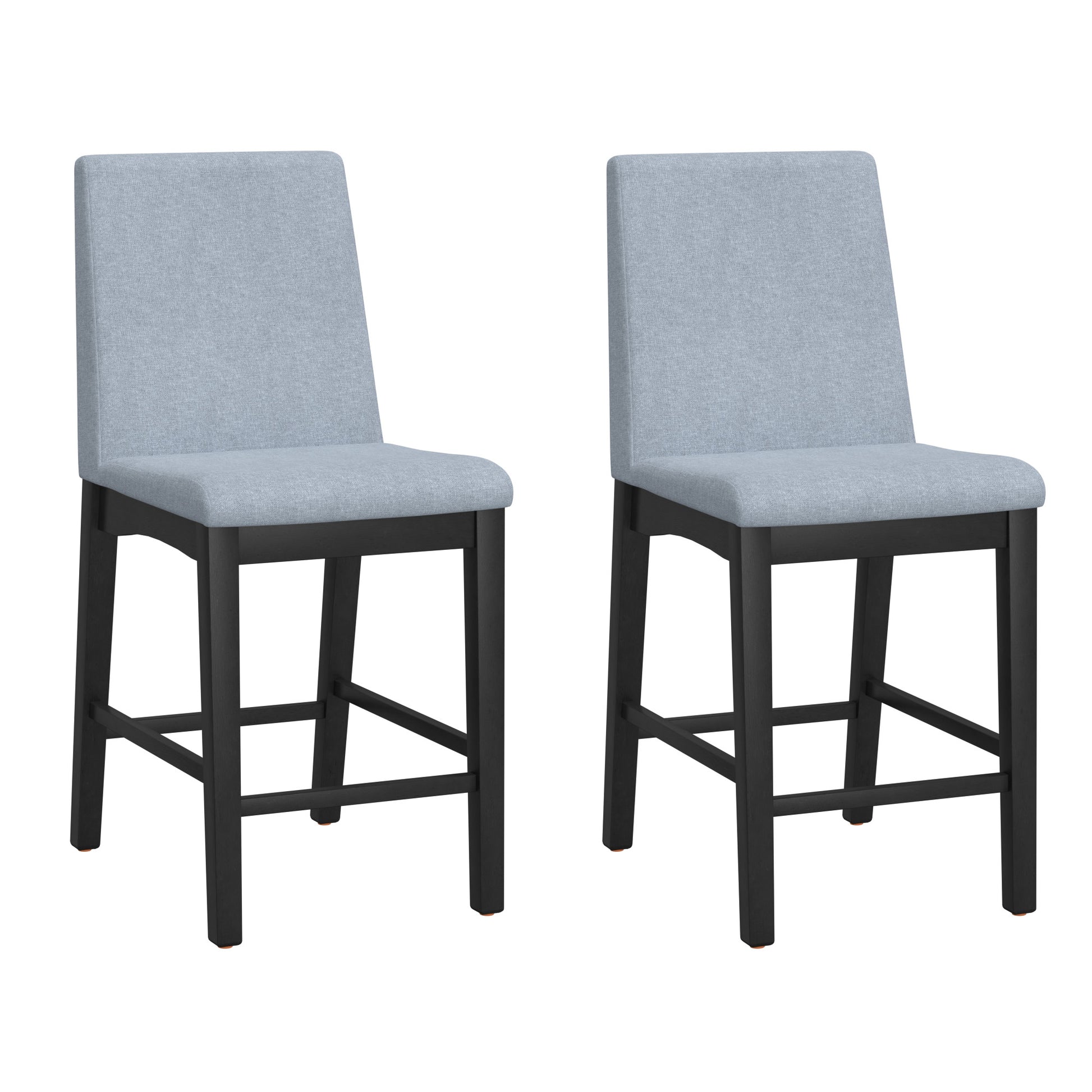 Two light blue upholstered bar stools with dark wood frames