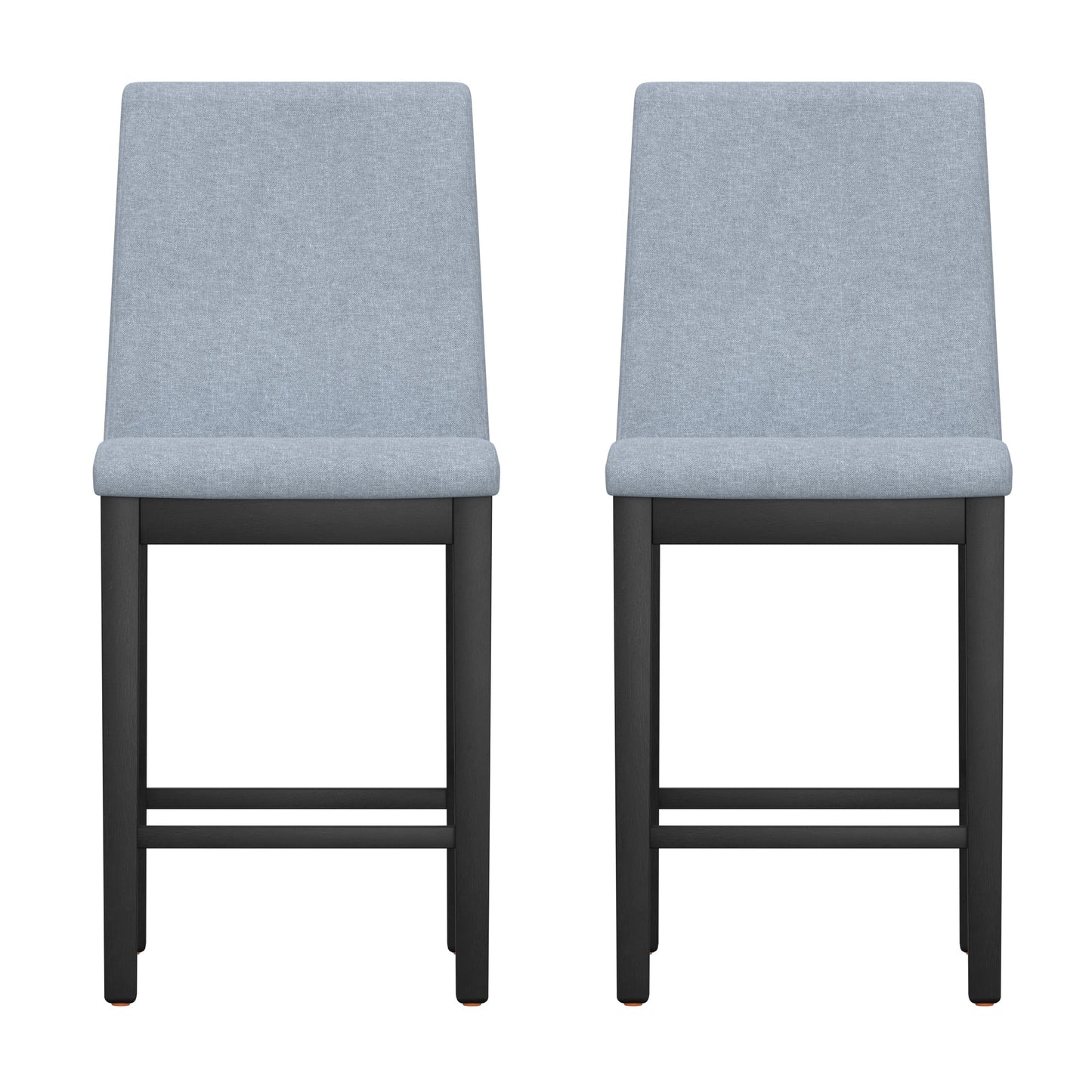 Two light blue upholstered dining chairs with black wooden legs