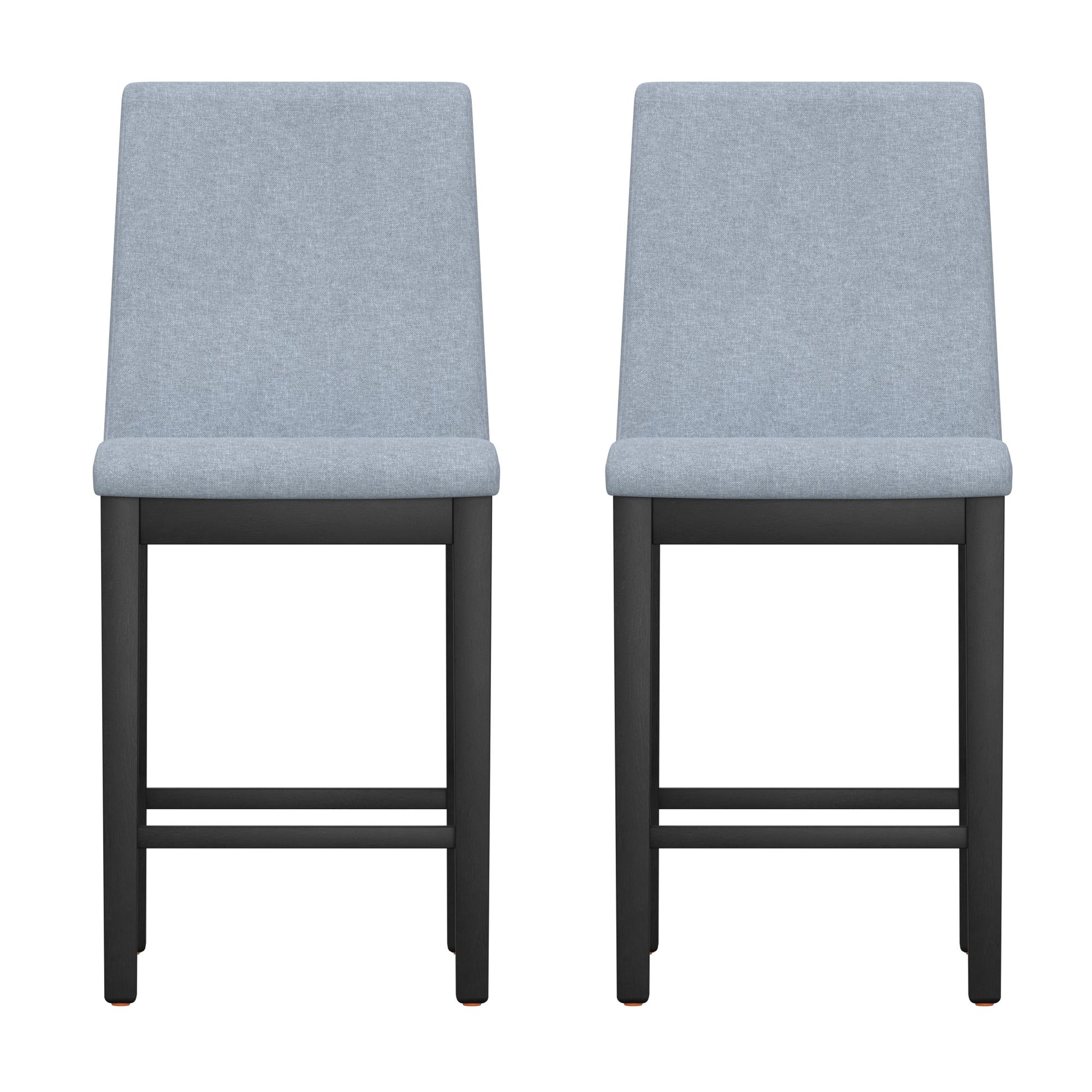 Two light blue upholstered dining chairs with black wooden legs