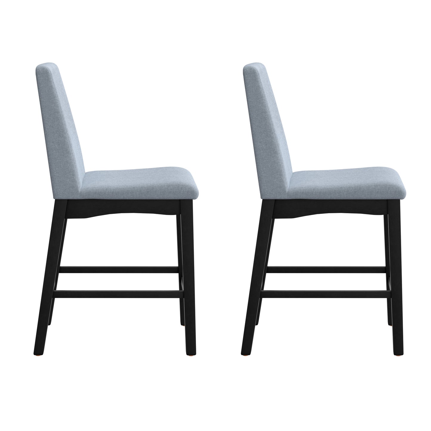 Two grey upholstered counter height chairs with dark wood legs side view