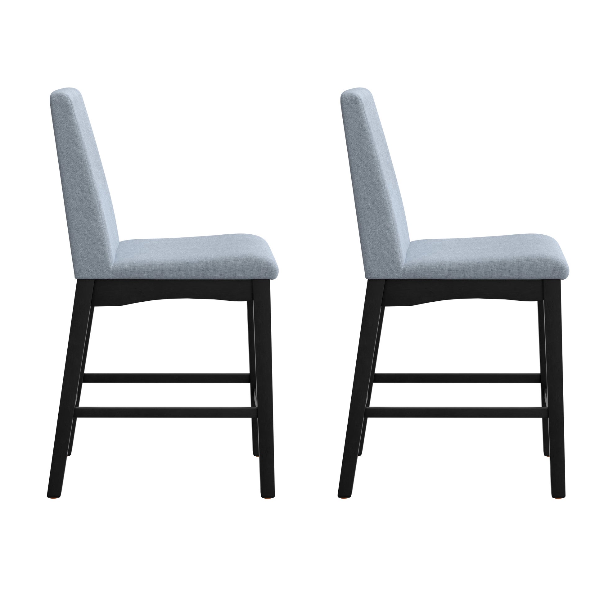 Two grey upholstered counter height chairs with dark wood legs side view