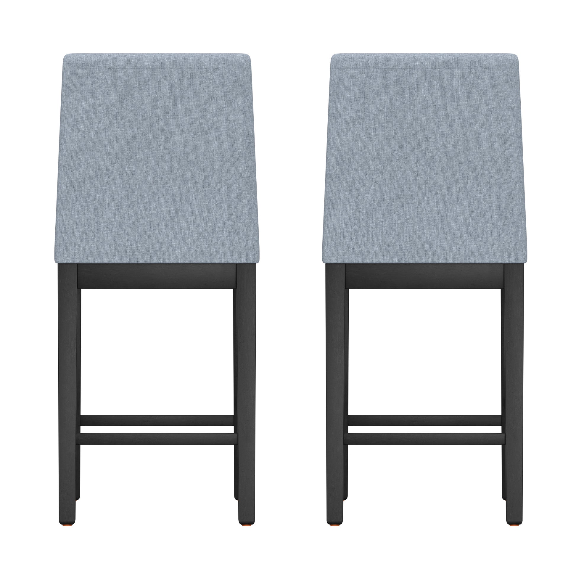 Two light blue upholstered bar stools with black wooden legs and footrests