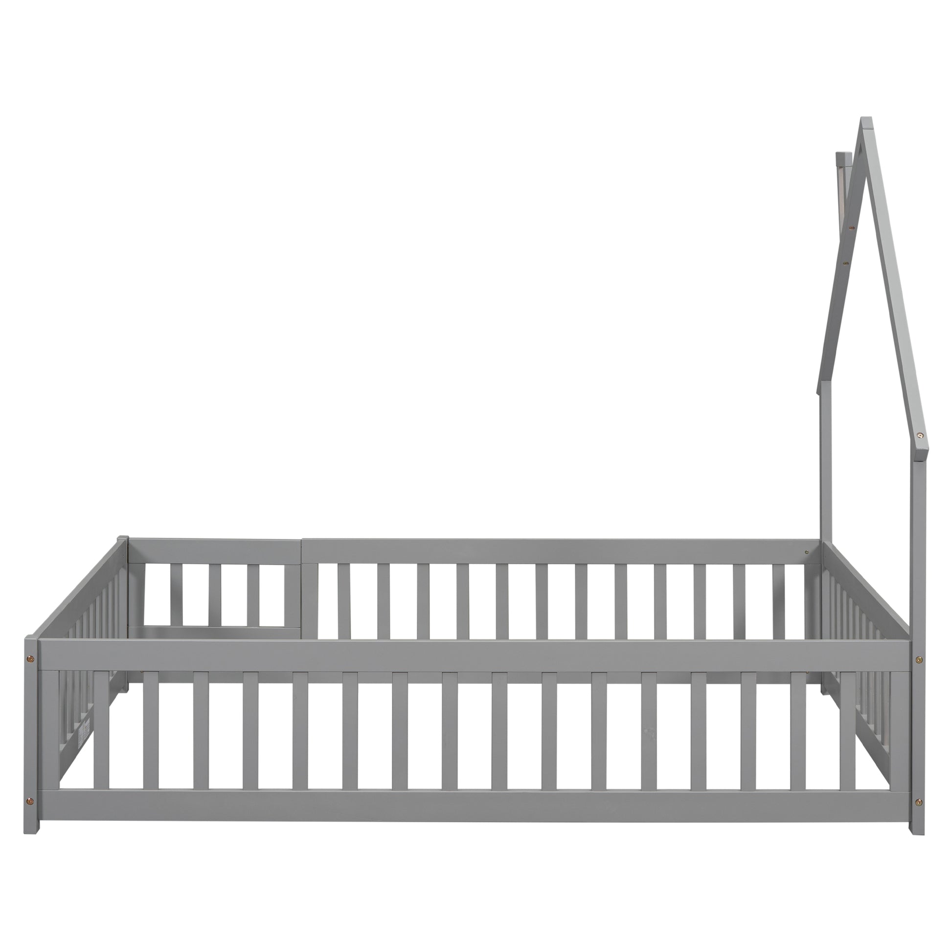 Gray wooden toddler bed frame with houseshaped canopy and safety rails