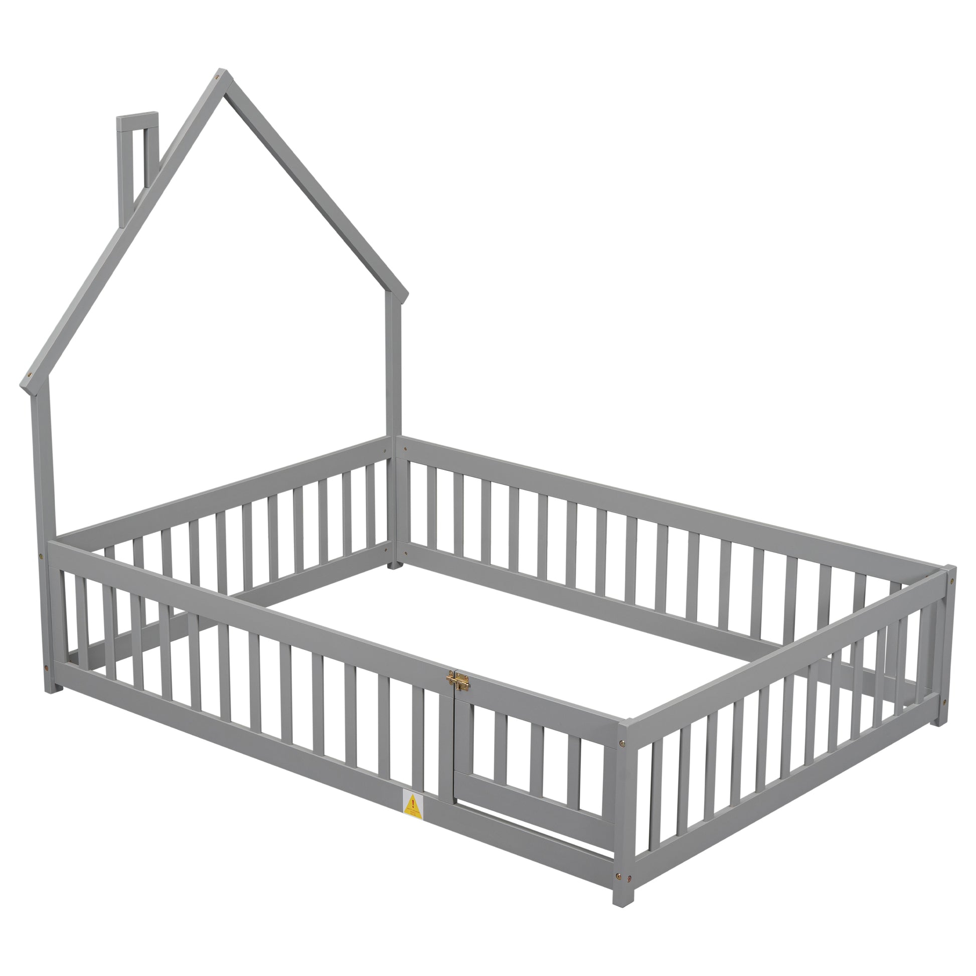 Gray wooden house bed frame with railing and a pitched roof detail
