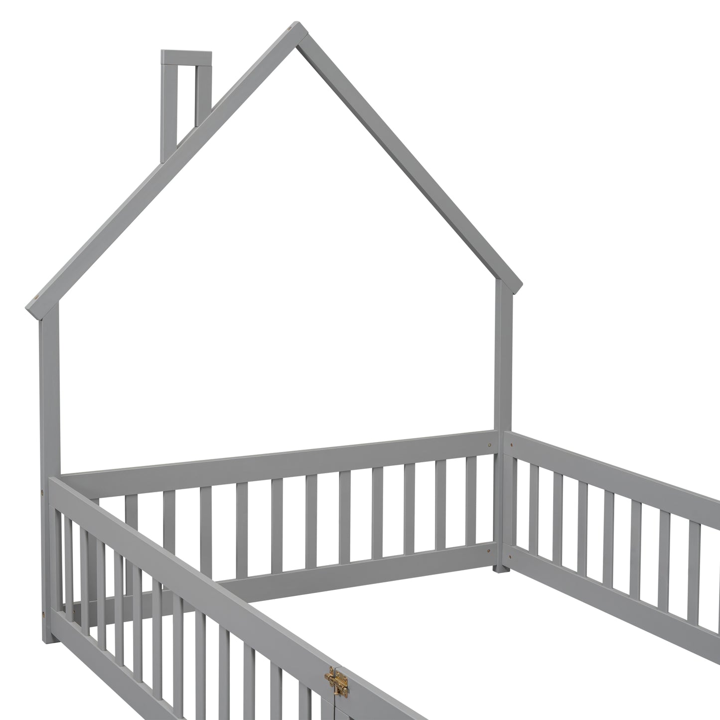 Gray wooden toddler bed frame with houseshaped headboard