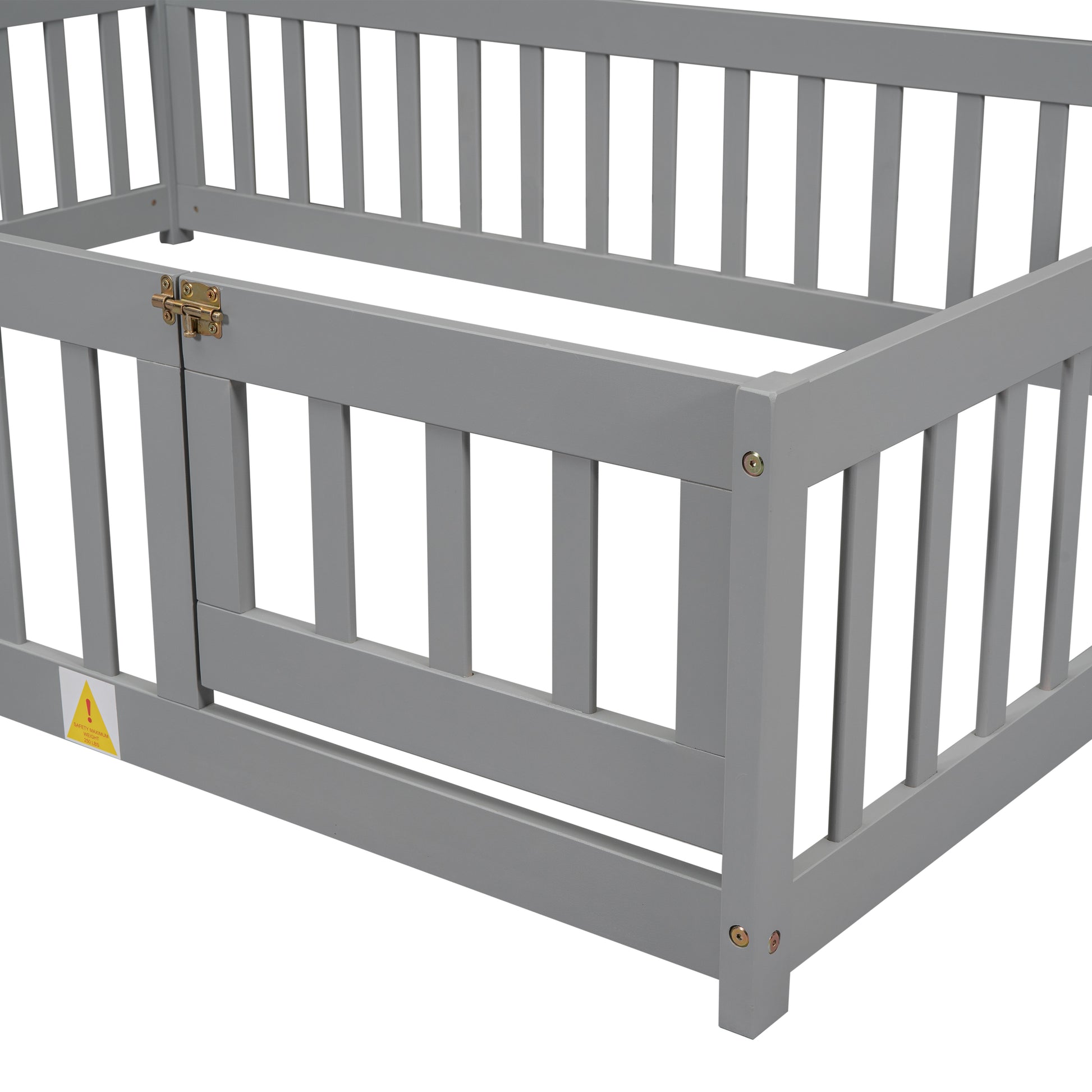 Grey wooden toddler bed rail with safety latch