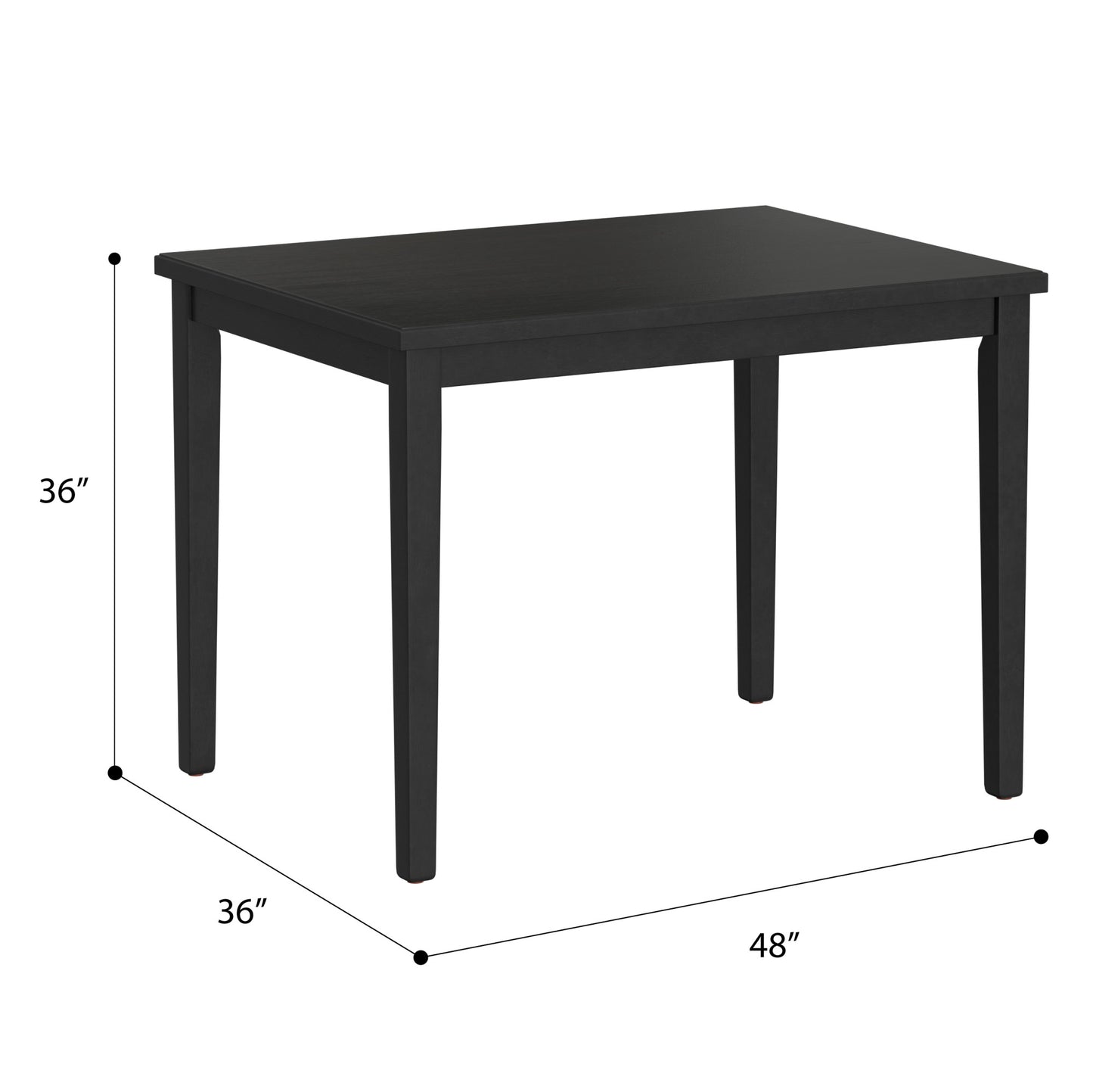 Black wooden dining table with tapered legs and dimensions xx inches