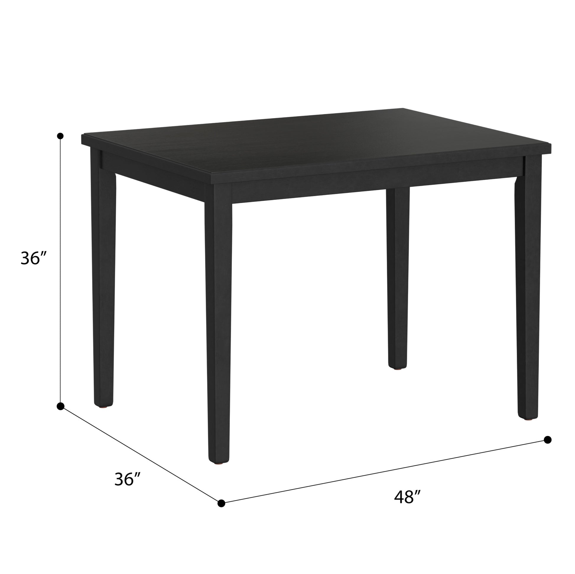 Black wooden dining table with tapered legs and dimensions xx inches