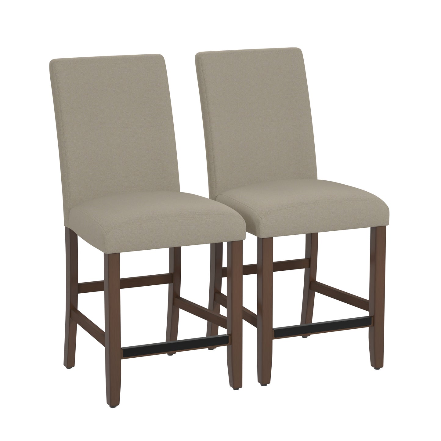 Pair of upholstered taupe counter stools with dark wood legs and footrests