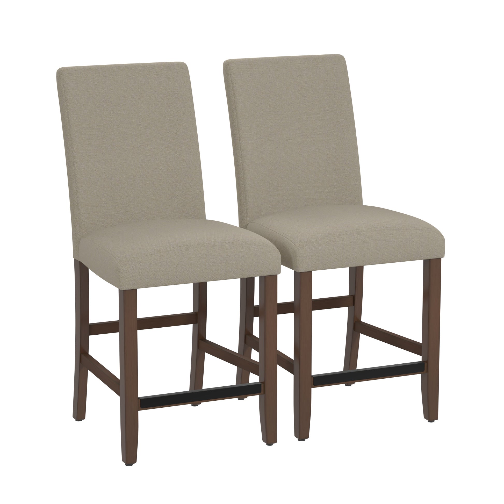 Pair of upholstered taupe counter stools with dark wood legs and footrests
