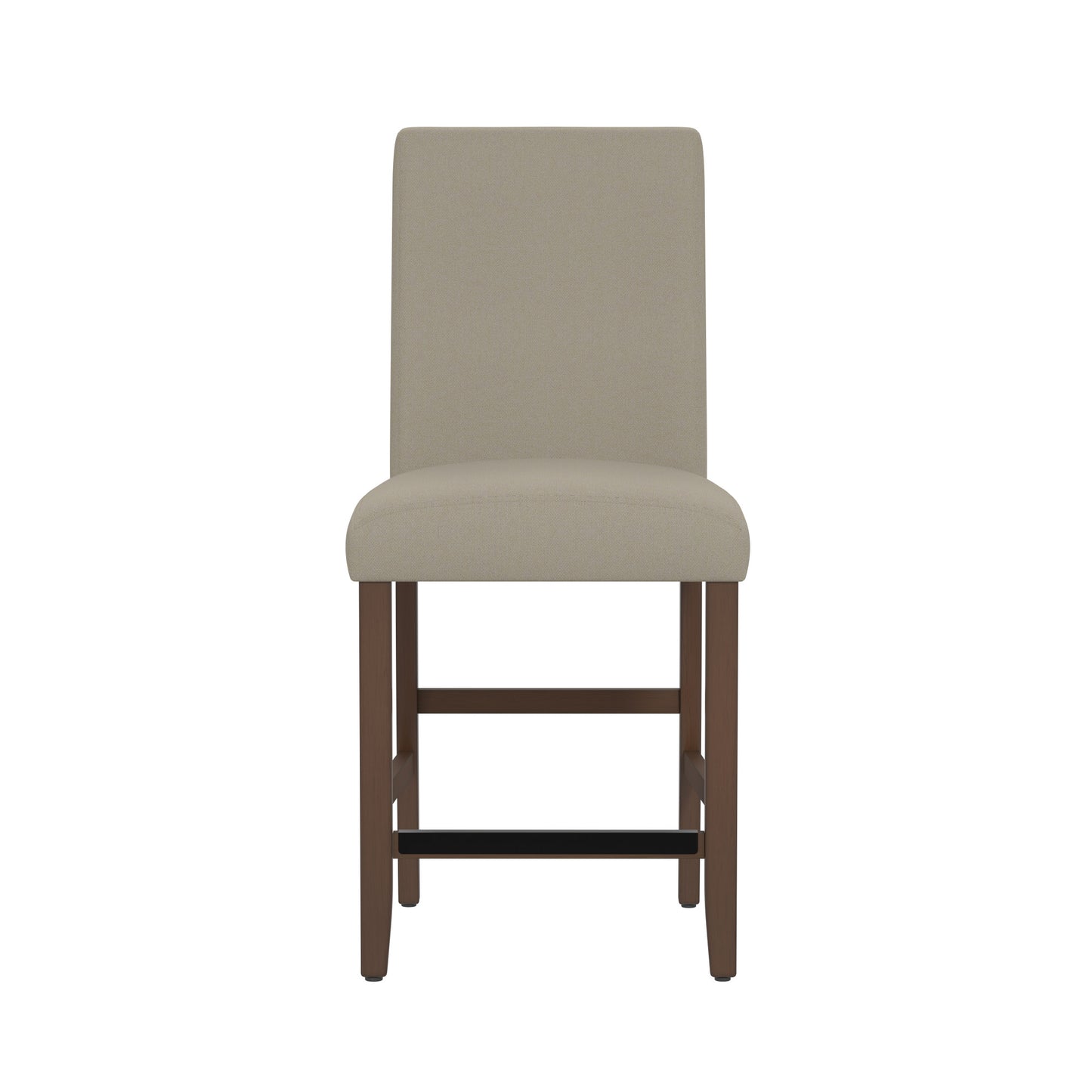 Front view of a beige upholstered counter height bar stool with dark wood legs and footrest