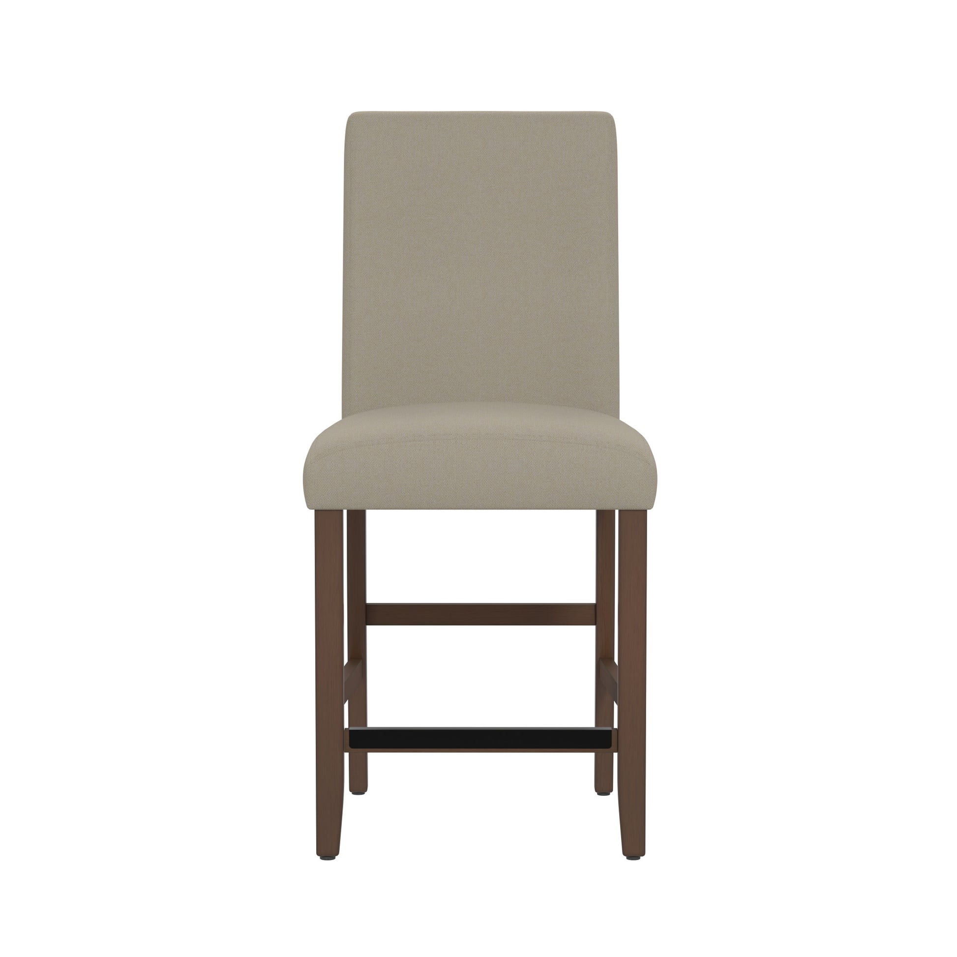 Front view of a beige upholstered counter height bar stool with dark wood legs and footrest