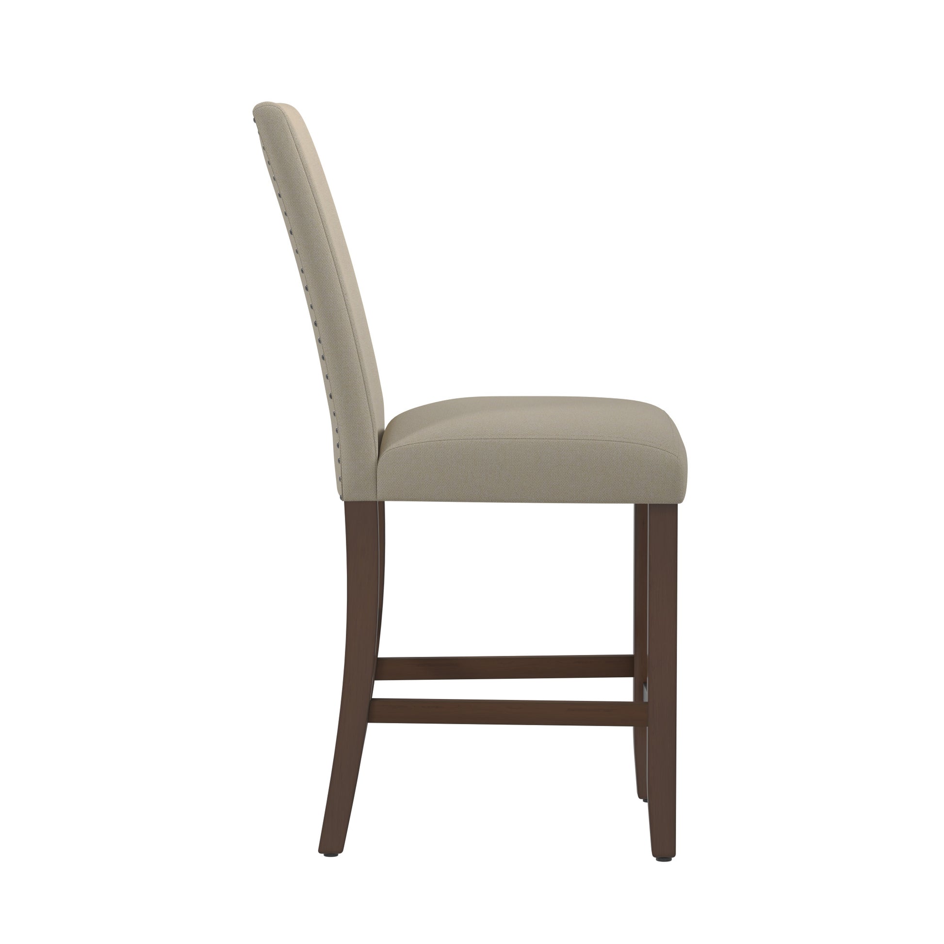 Tufted beige fabric counter stool with dark wood legs and nailhead trim