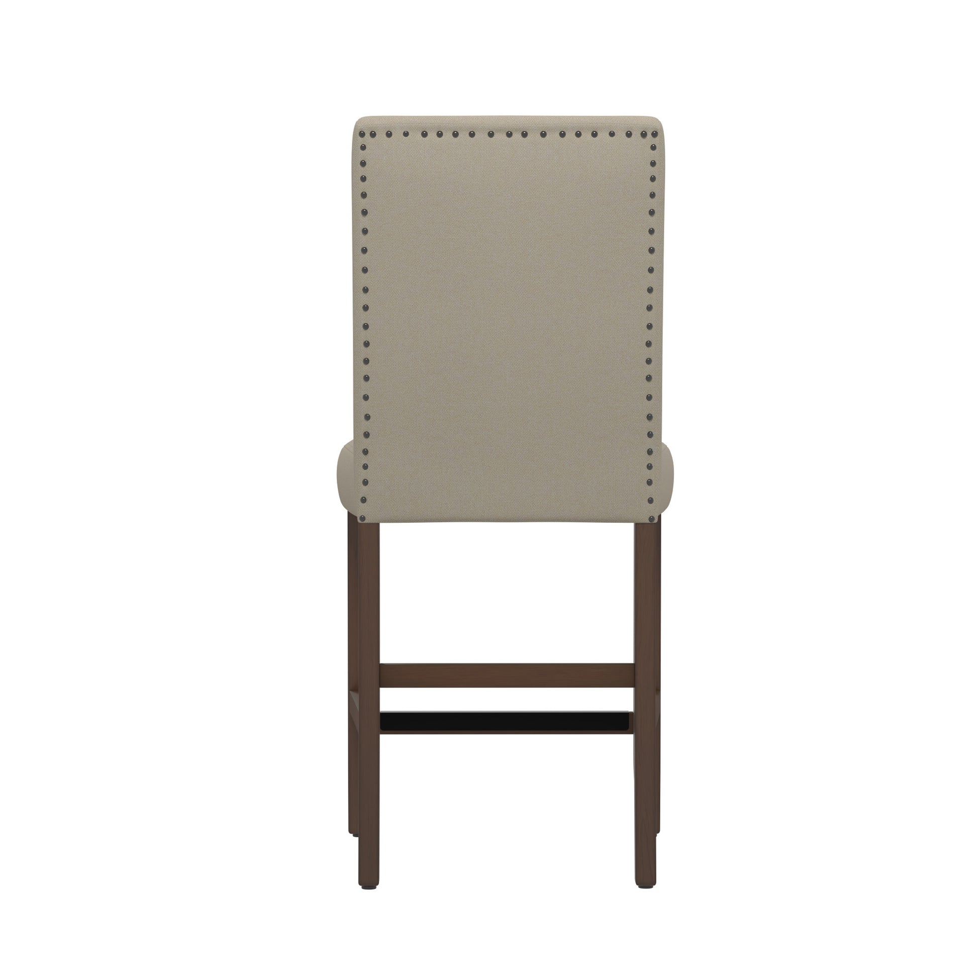 Tufted beige upholstered counter stool with dark wood legs and nailhead trim