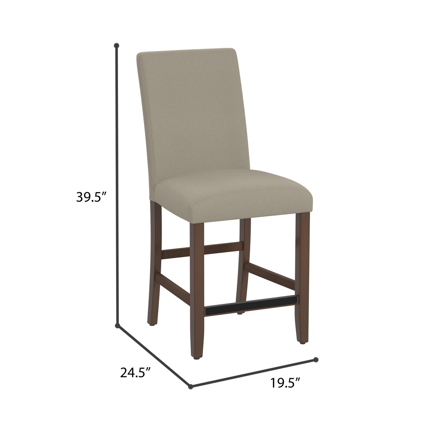 Modern upholstered bar stool with beige fabric seat and dark wood legs