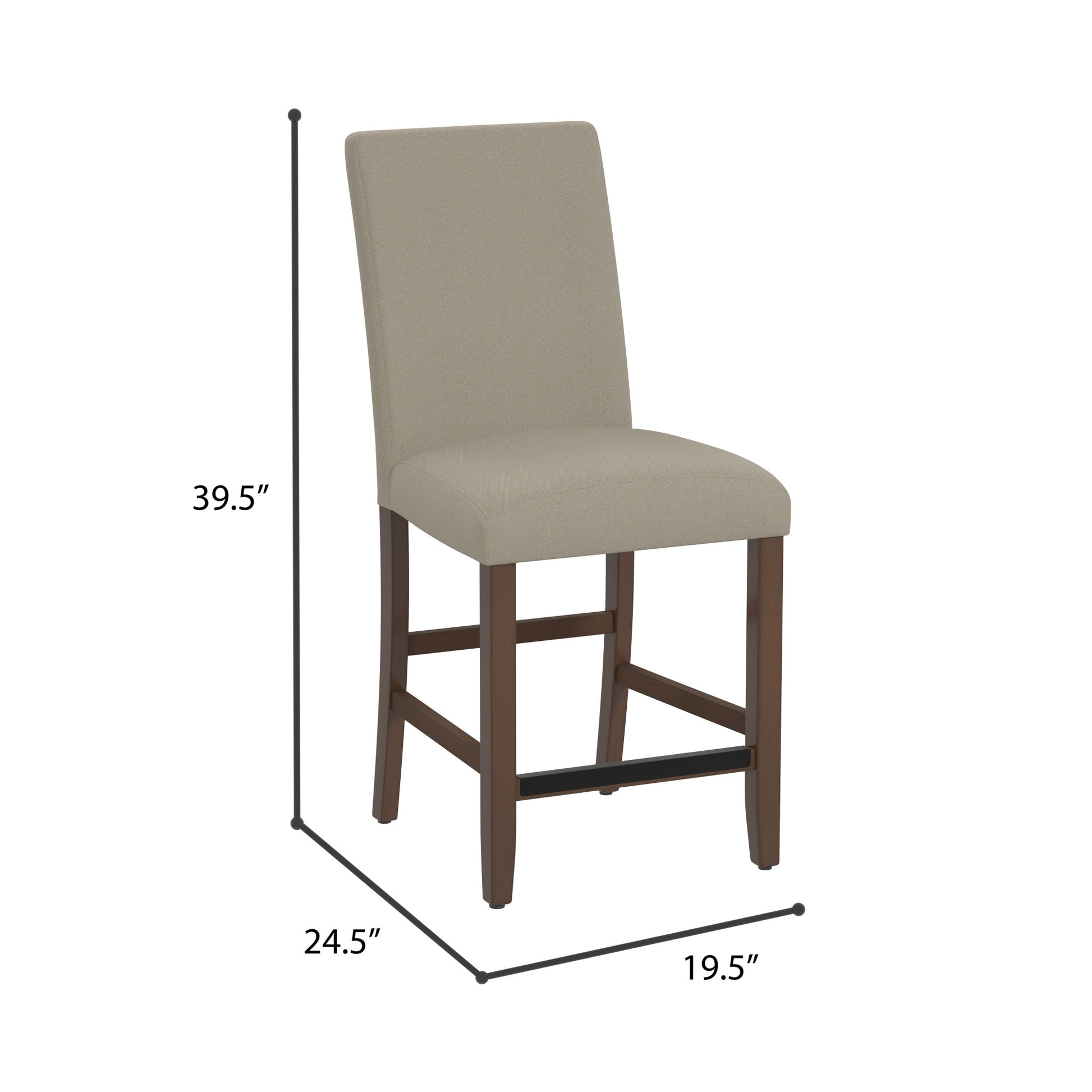Modern upholstered bar stool with beige fabric seat and dark wood legs
