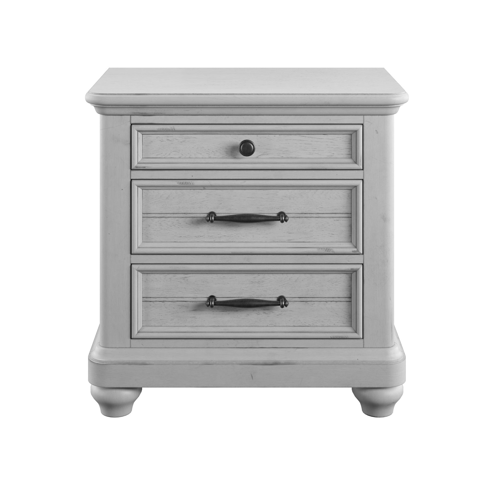 Light gray distressed wood nightstand with one drawer and two pullout drawers