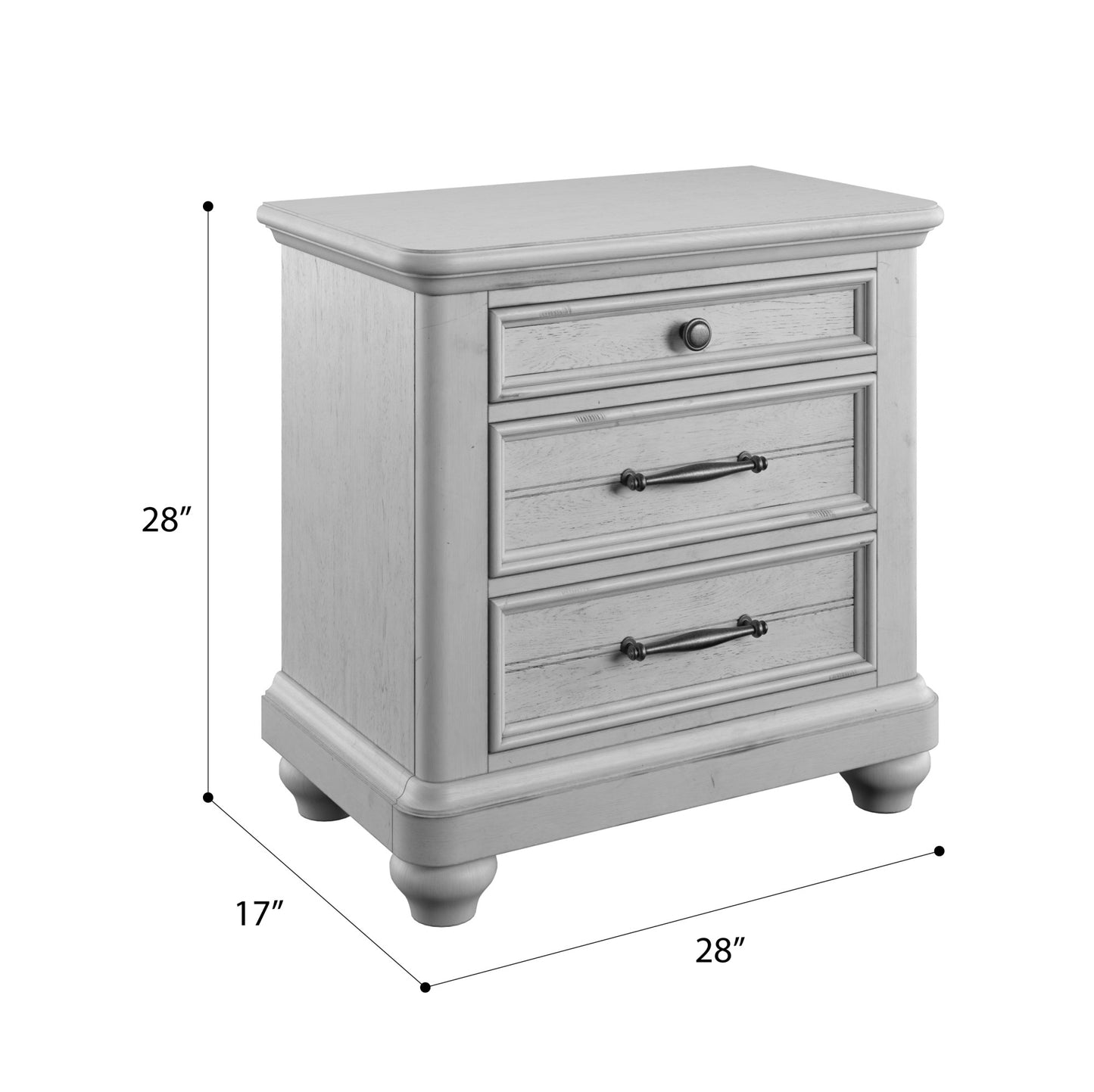 Grey distressed wood nightstand with three drawers and antique bronze hardware