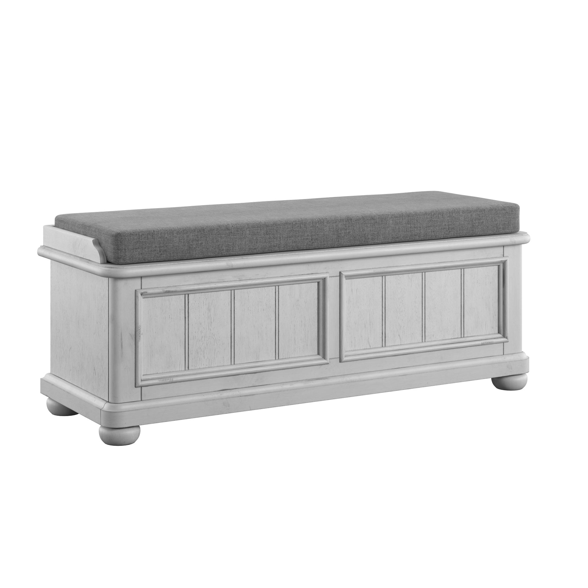 White wooden storage bench with gray upholstered cushion perfect for entryway seating