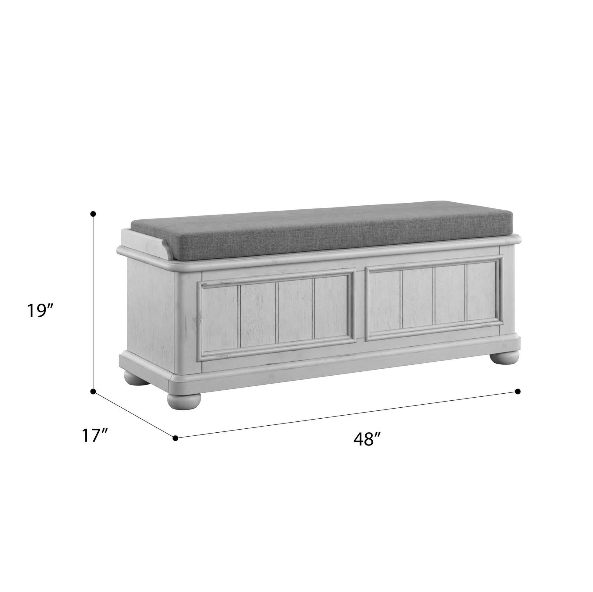 Antique white storage bench with upholstered grey seat and paneled design