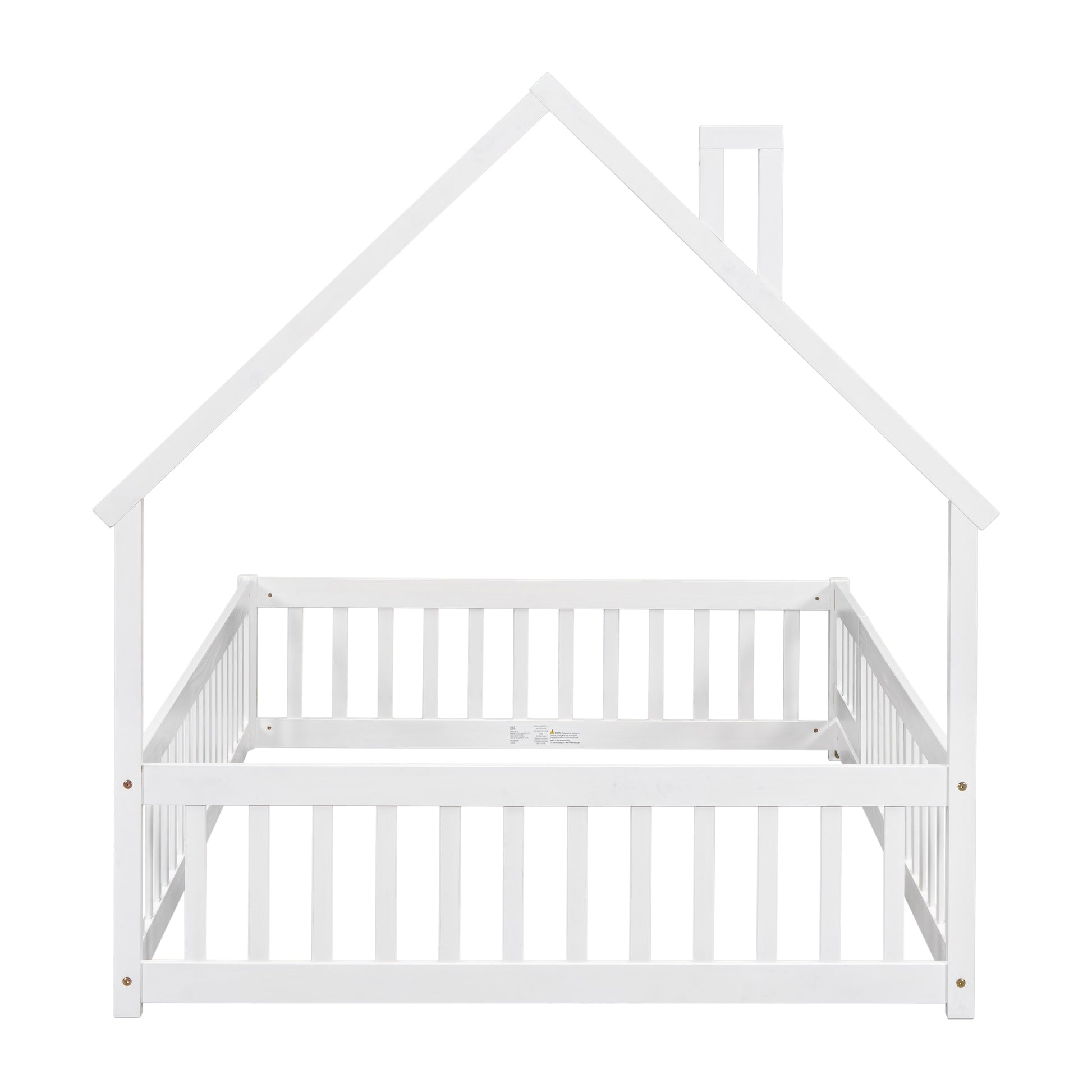 White wooden house bed frame with safety rails and chimney detail