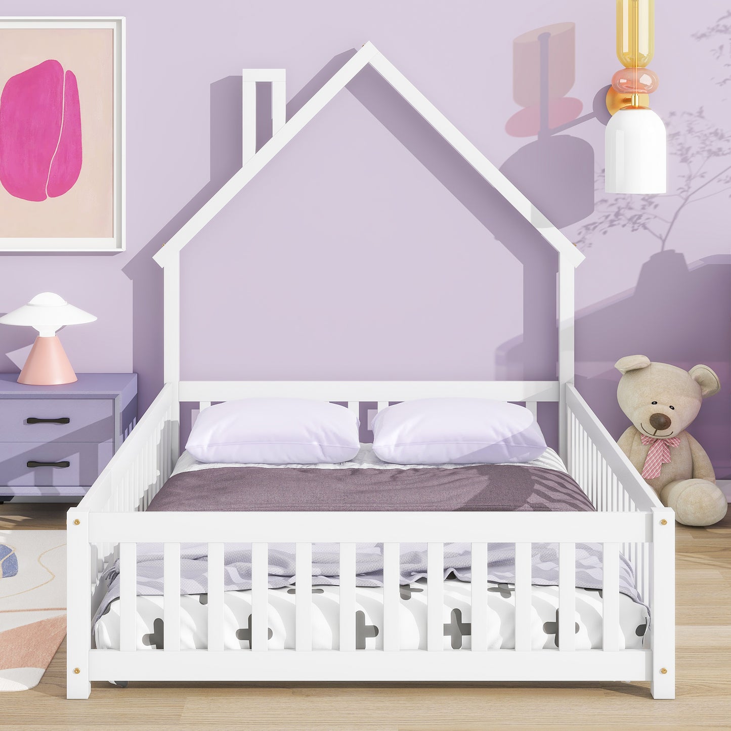 White wooden house bed frame with white bedding and purple accents
