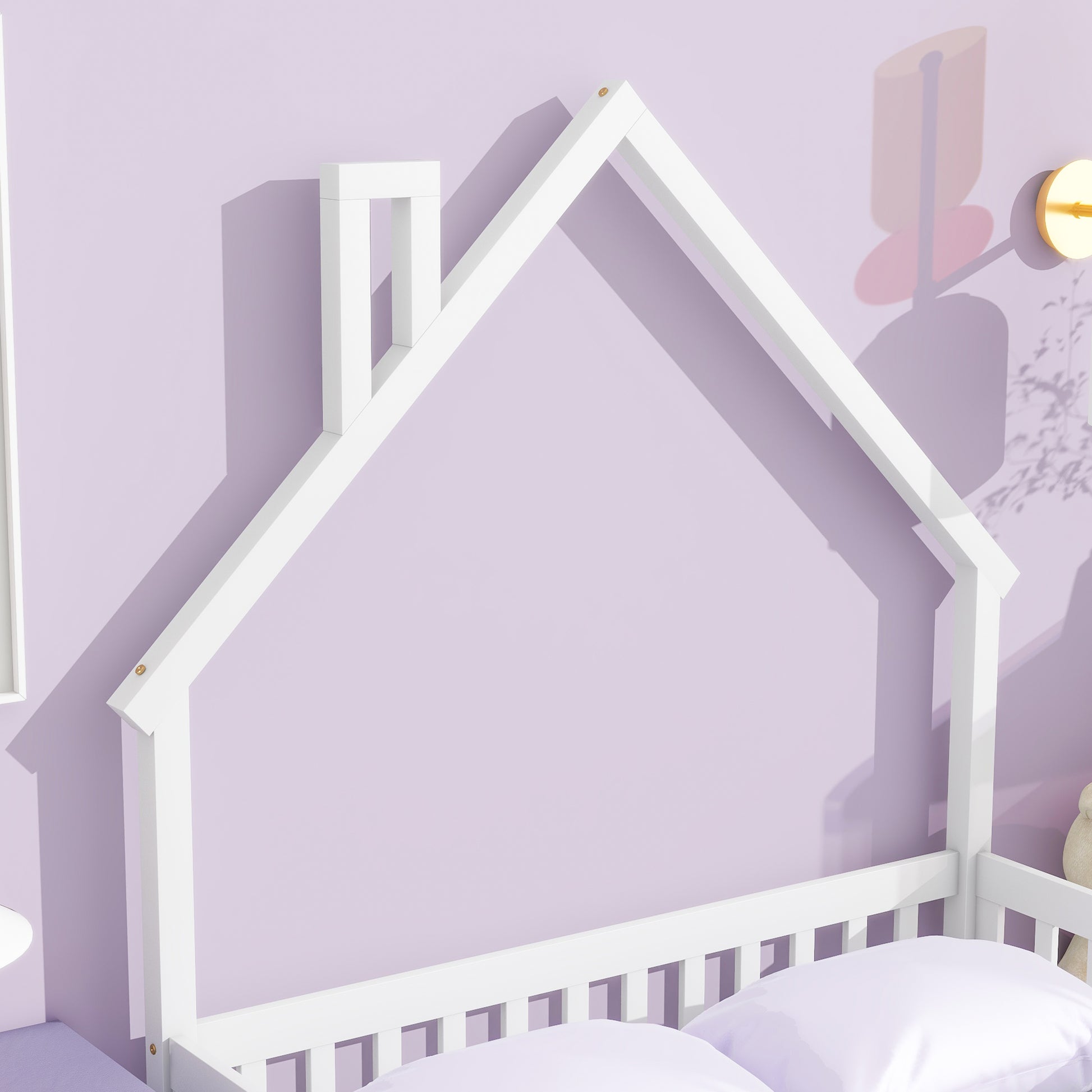 White wooden house bed frame with pitched roof