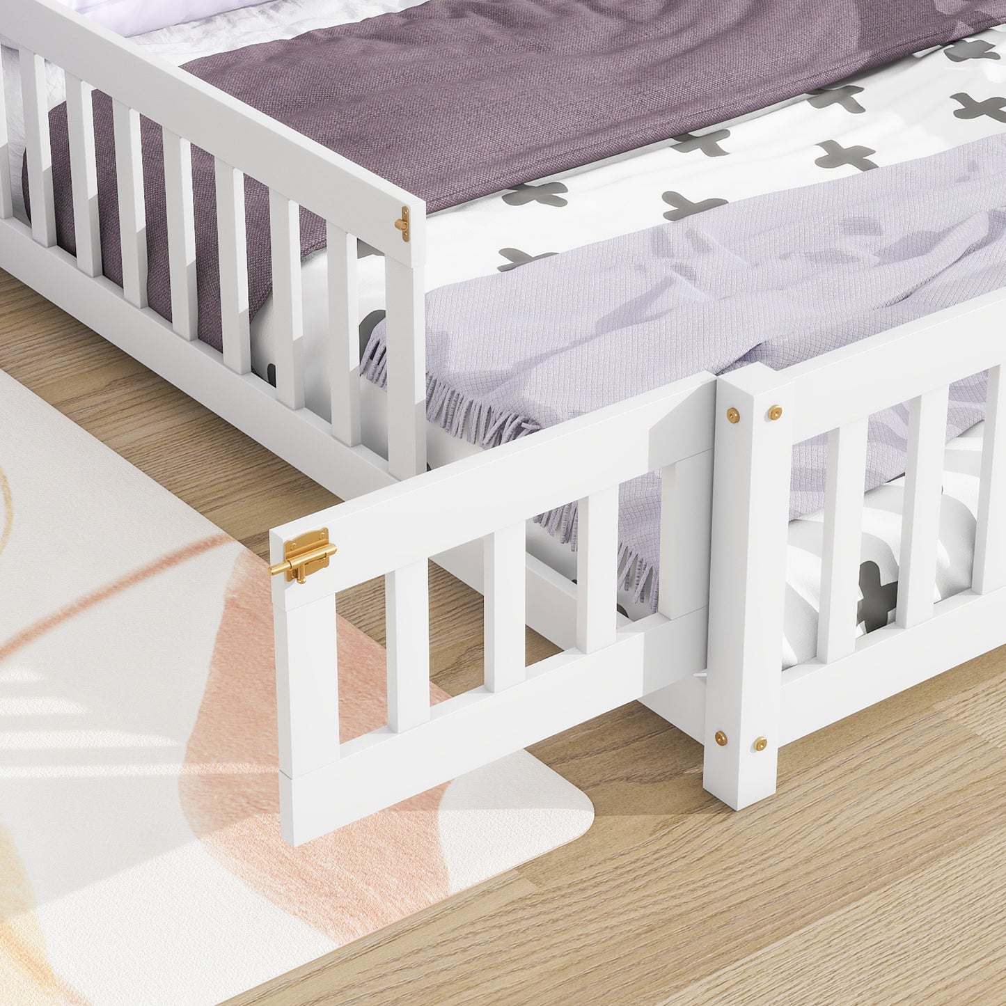 White wooden toddler bed with a purple throw and grey cross patterned duvet