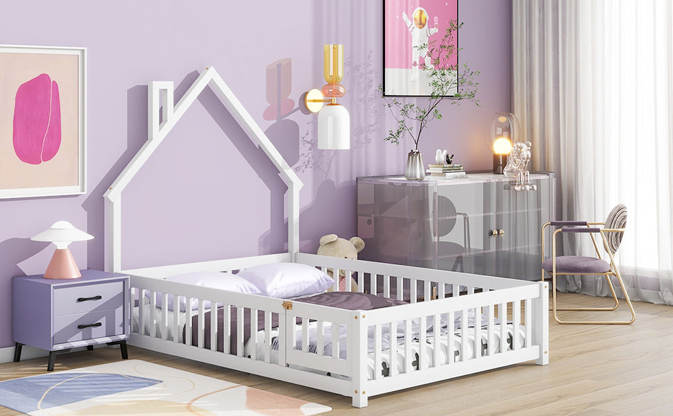 White wooden toddler bed with house frame and safety rails