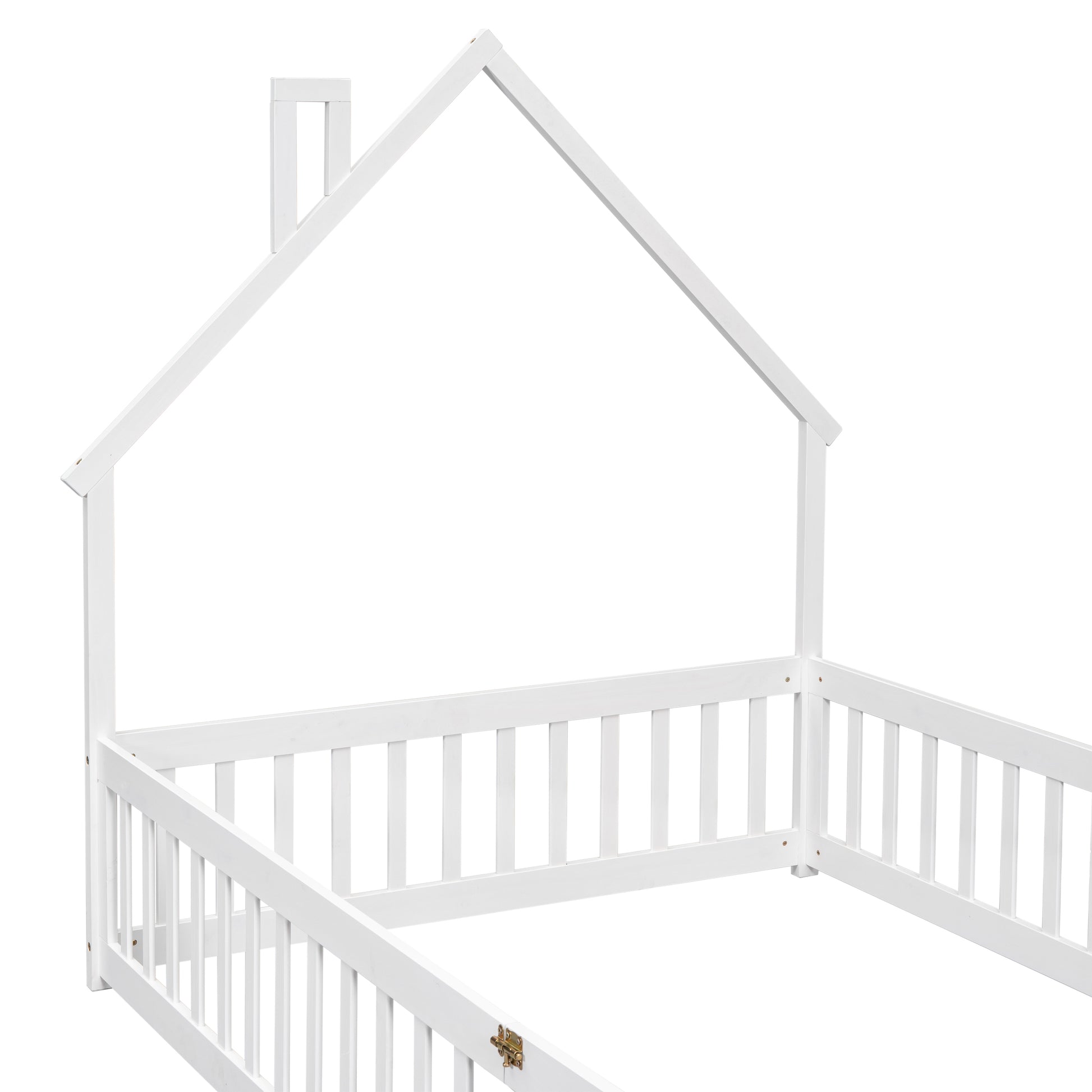 White wooden house bed frame with railings for toddler safety