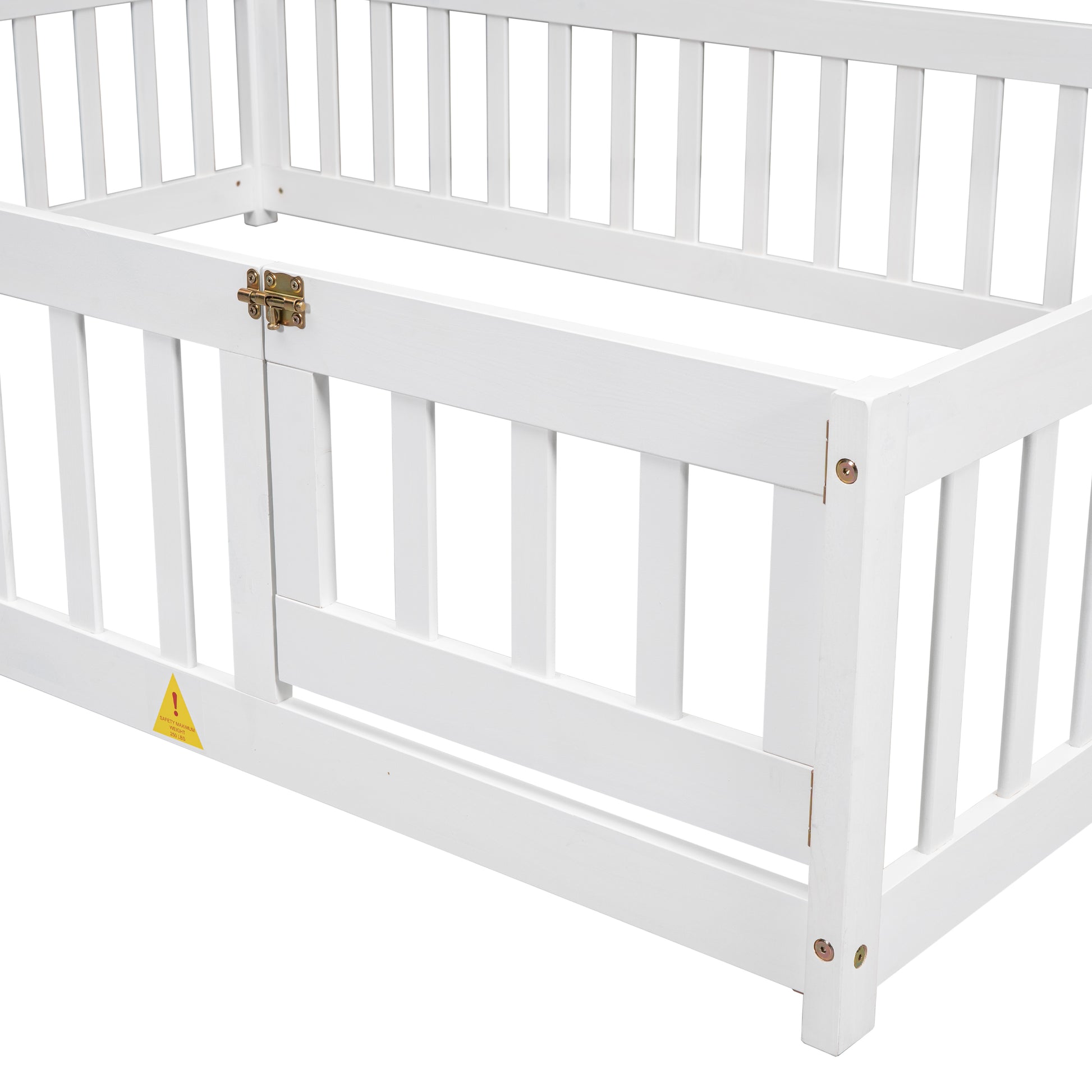 White wooden toddler bed frame with safety latch