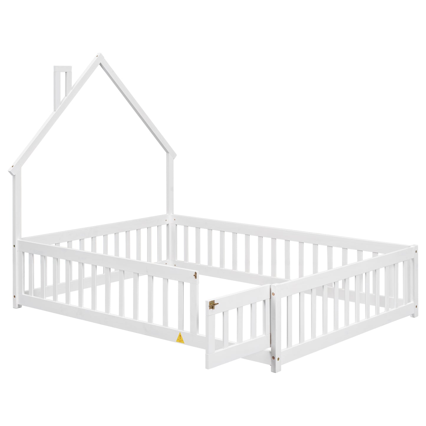 White wooden toddler bed frame with houseshaped headboard and safety rails
