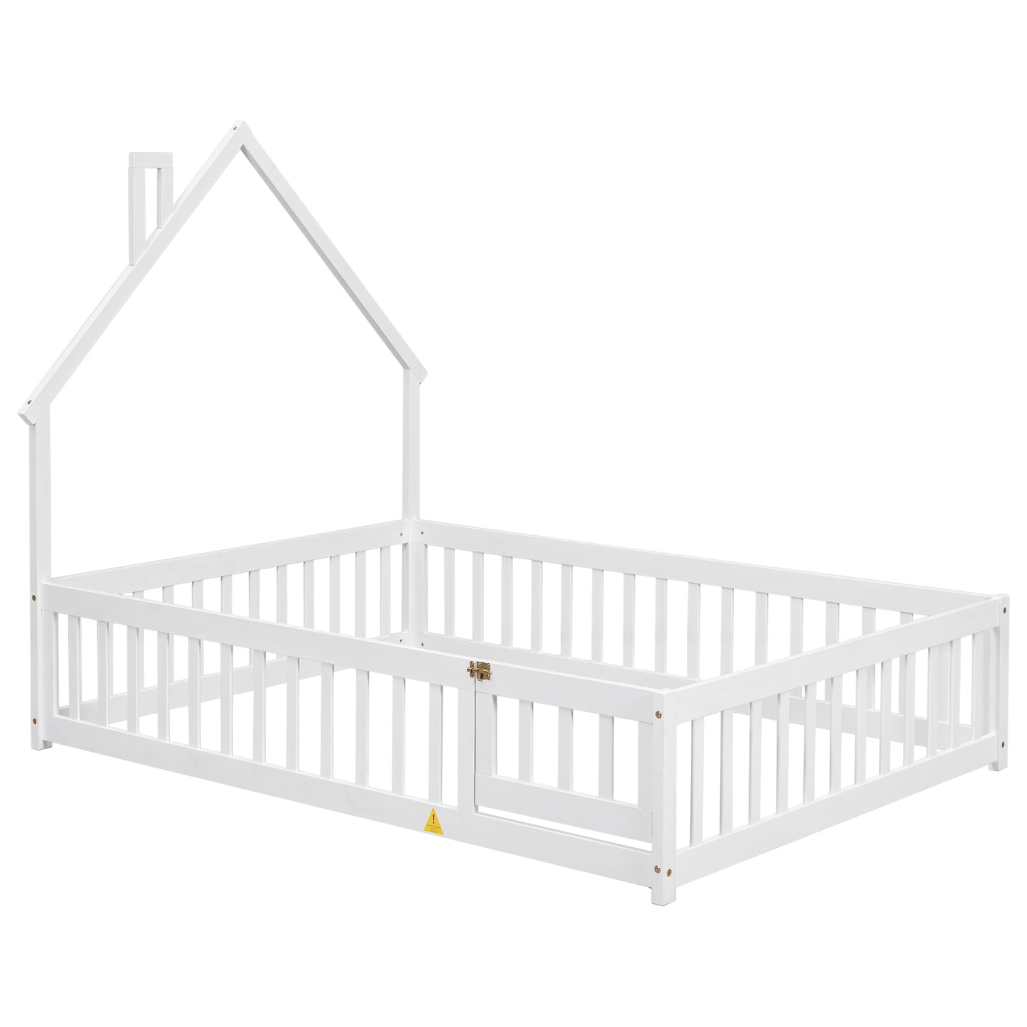 White wooden toddler bed frame with houseshaped headboard and safety rails