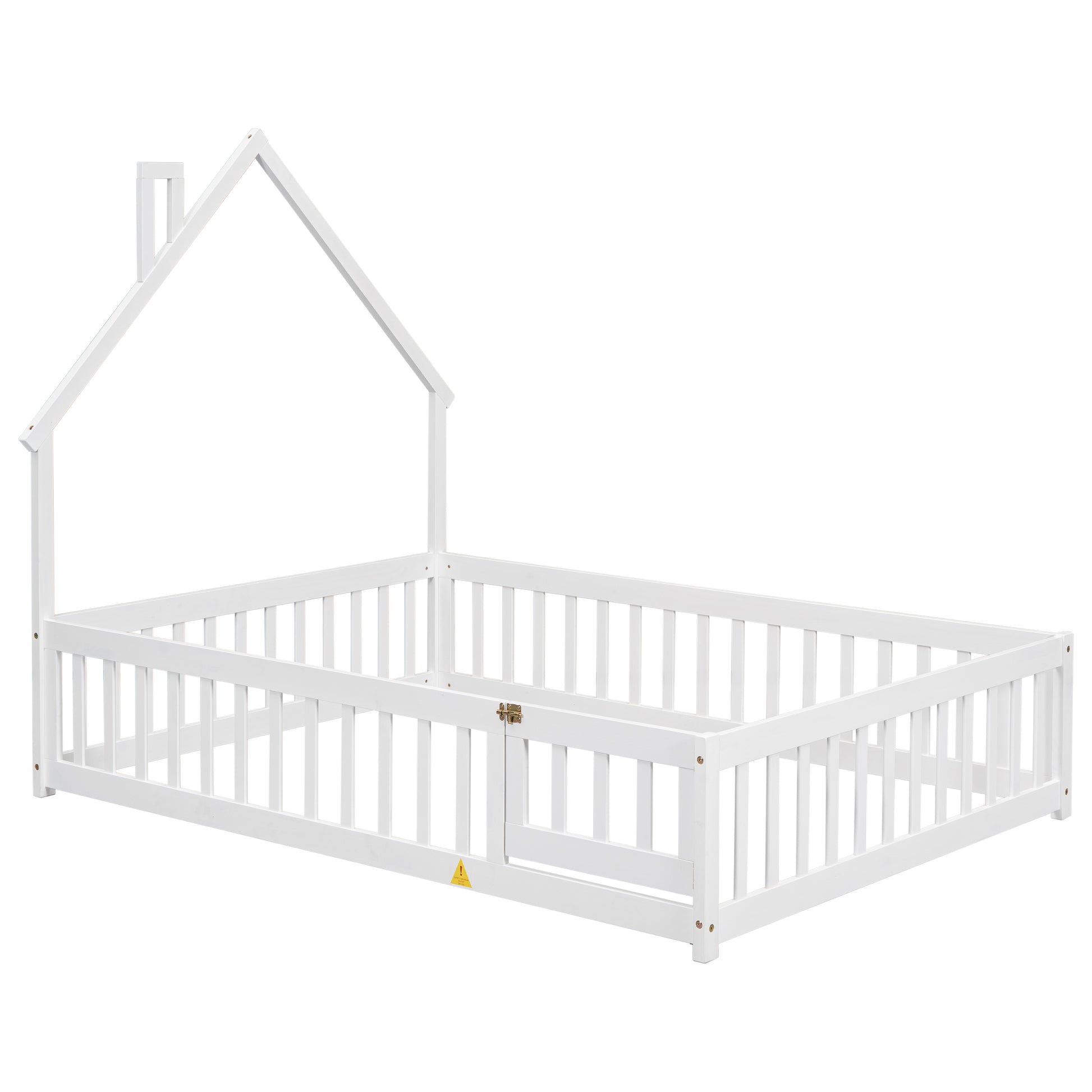 White wooden toddler bed frame with houseshaped headboard and safety rails