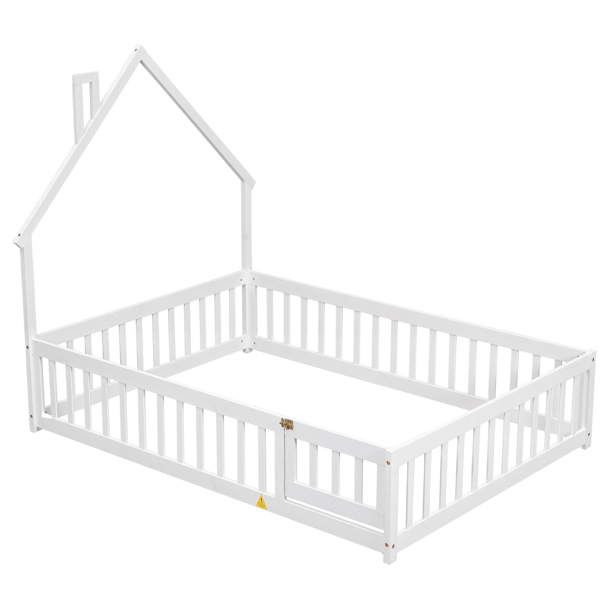 White wooden toddler bed frame with house roof and safety rails