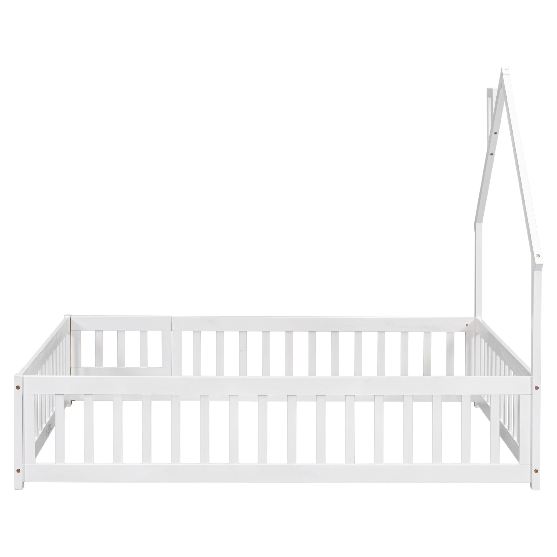 White wooden house bed frame with safety rails and peaked roof detail