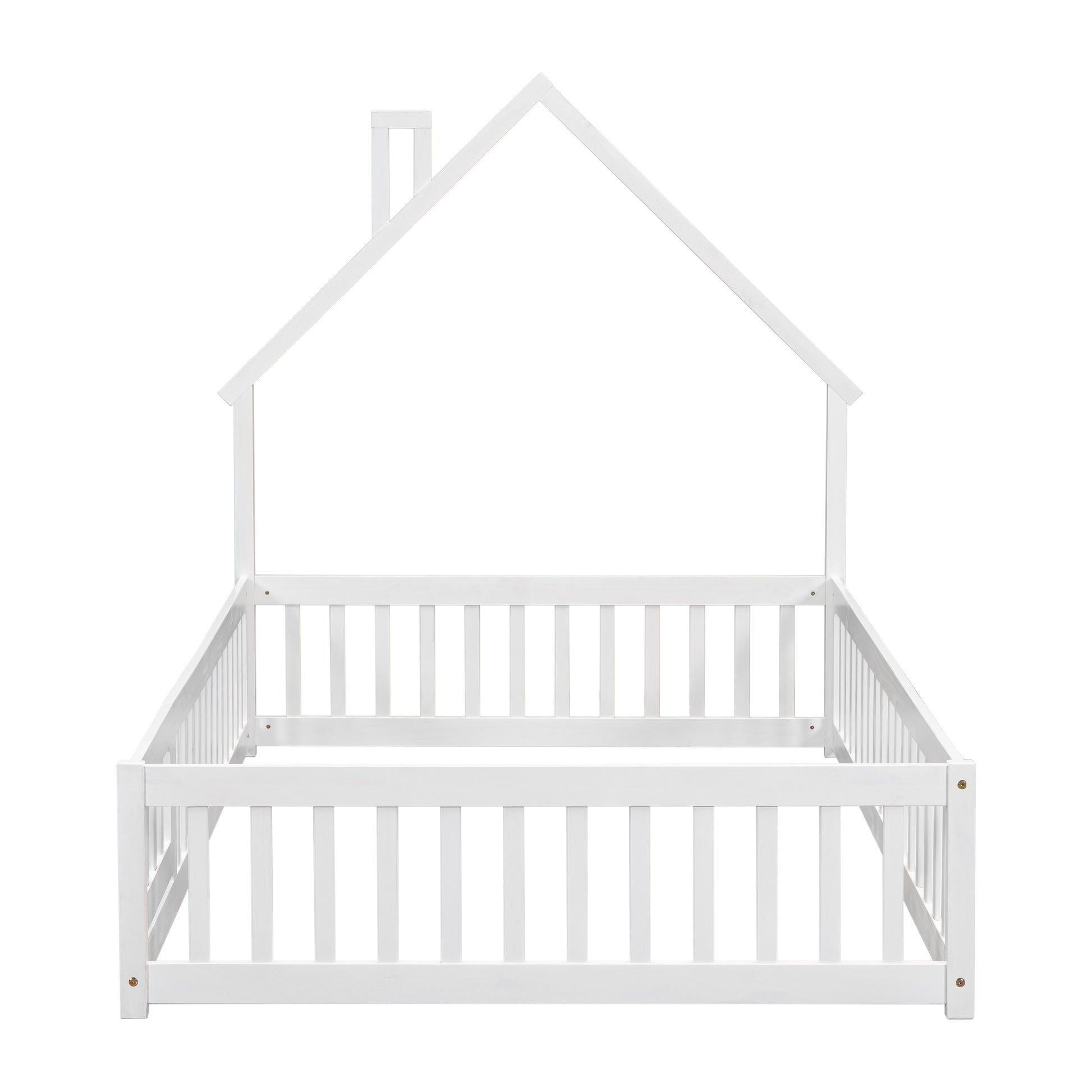 White wooden house bed frame with fence for toddlers
