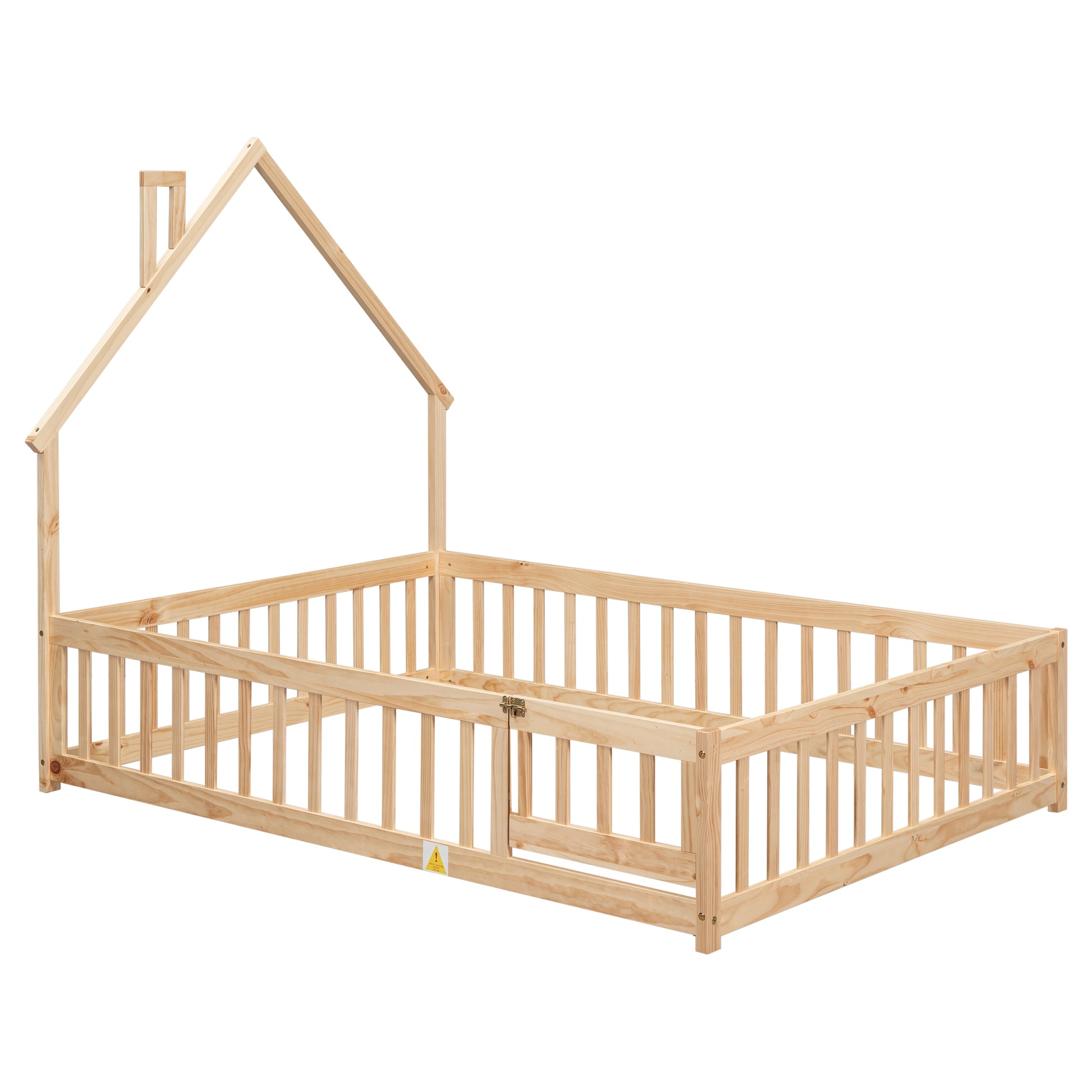 Natural wood toddler bed frame with house roof design and safety rails