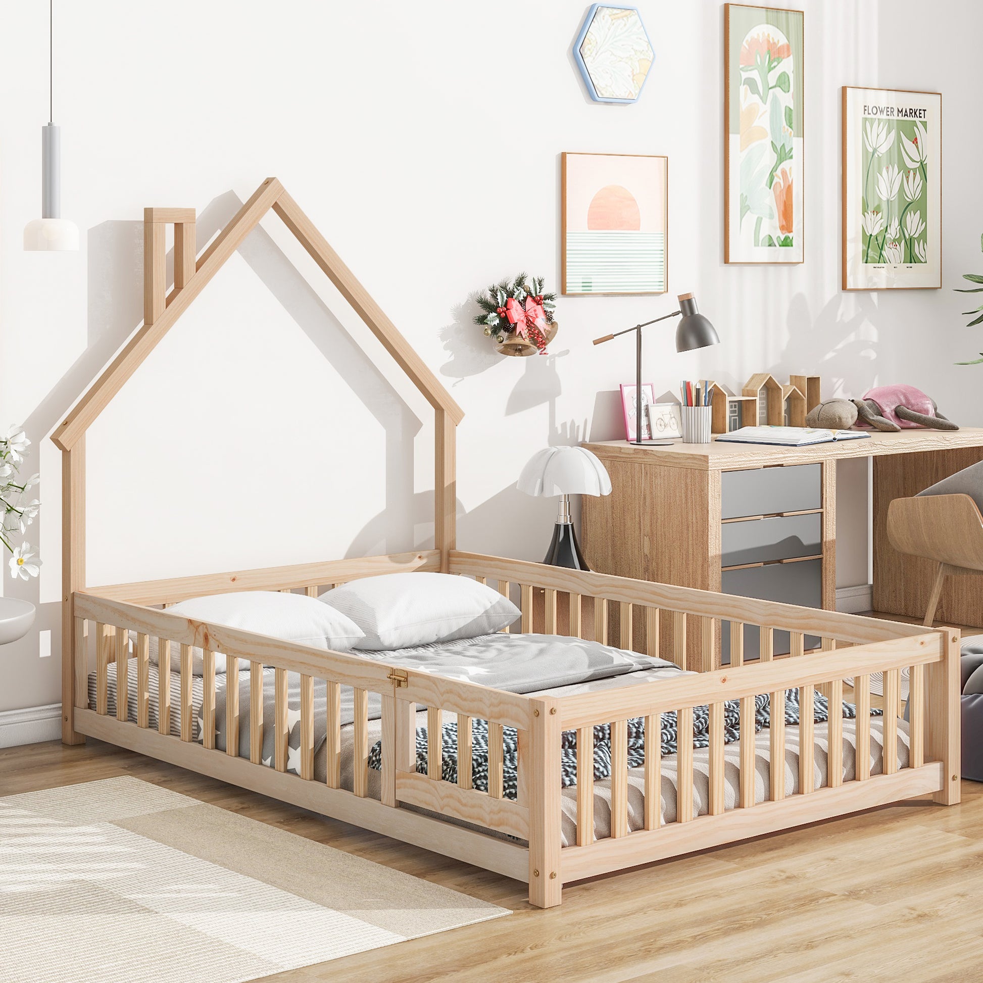 Natural wood toddler bed with houseshaped frame
